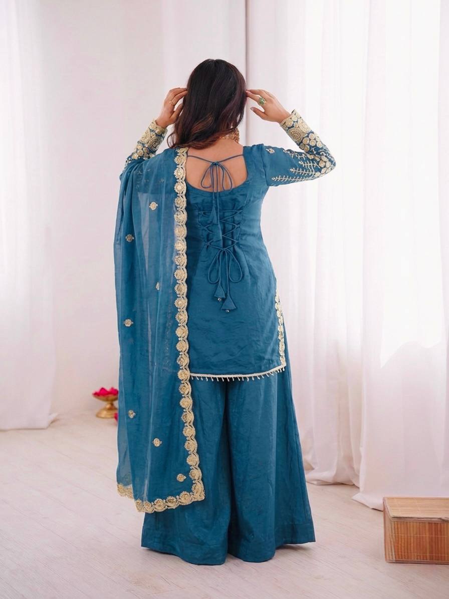 Women's Fendy Silk Embroidered Sharara Palazzo Suit Set with Dupatta