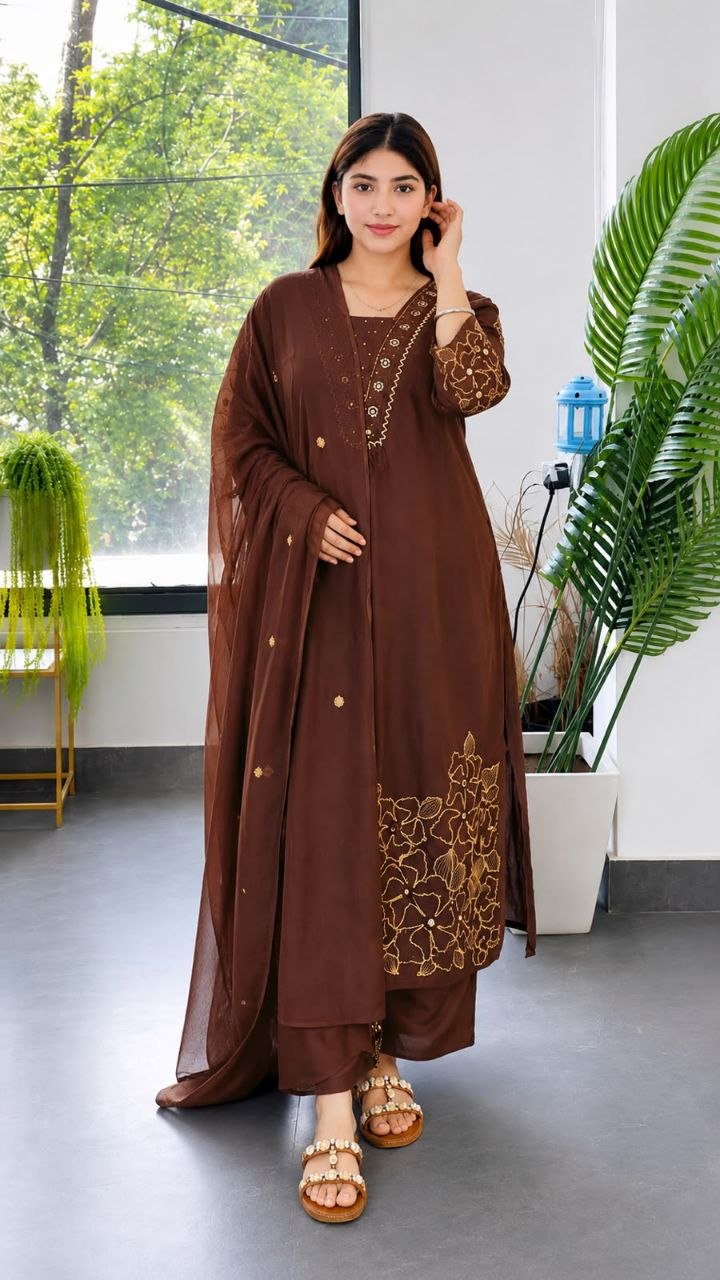 Premium Roman Silk Embroidered Kurta Pant Set with Chanderi Silk Dupatta
