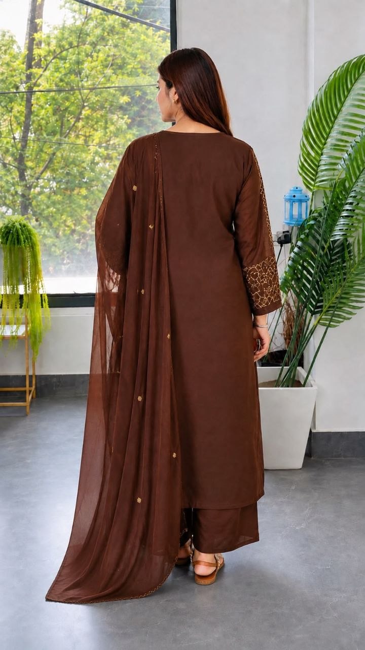 Premium Roman Silk Embroidered Kurta Pant Set with Chanderi Silk Dupatta