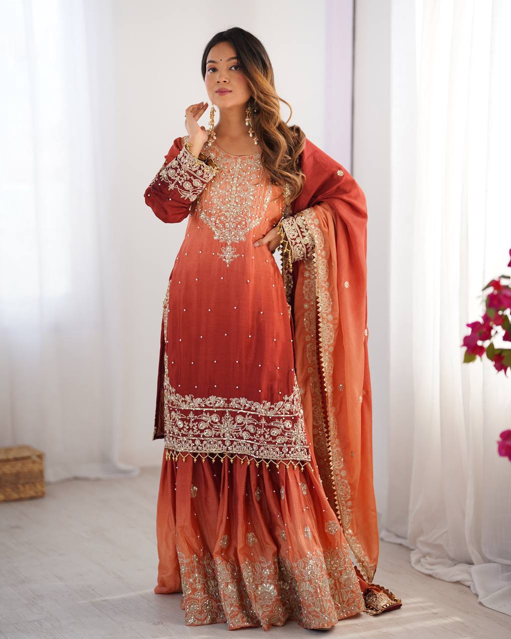 Women's Chinon Silk Embroidered Palazzo Set with Dupatta