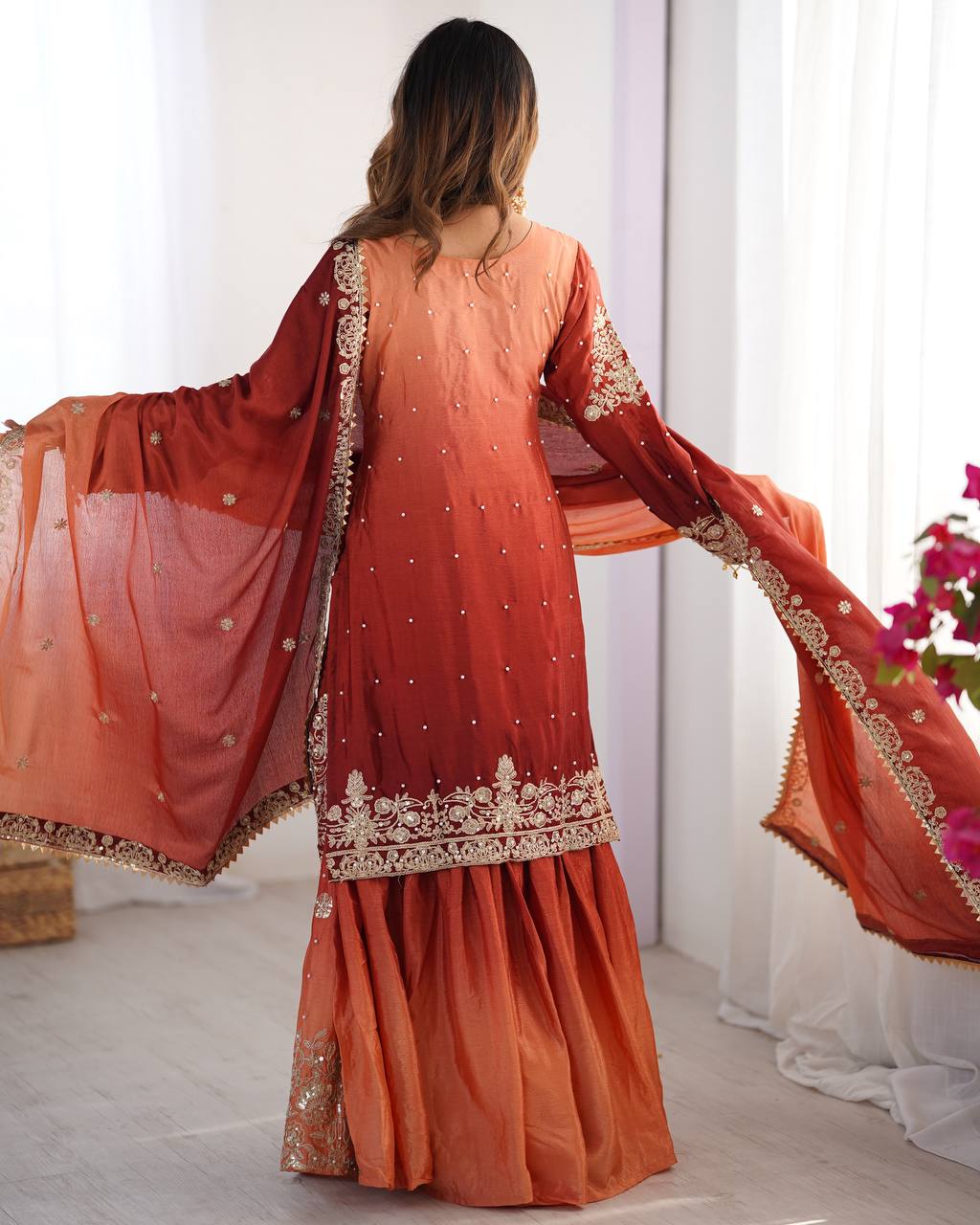Women's Chinon Silk Embroidered Palazzo Set with Dupatta