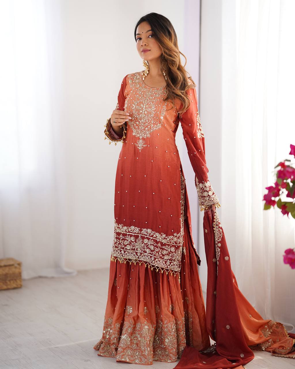 Women's Chinon Silk Embroidered Palazzo Set with Dupatta