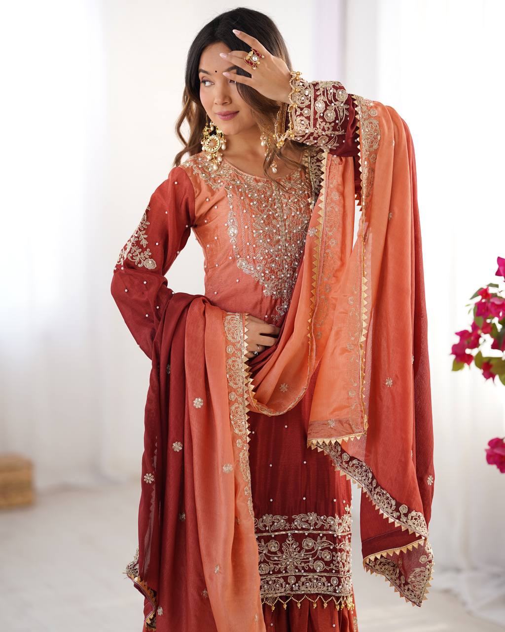 Women's Chinon Silk Embroidered Palazzo Set with Dupatta