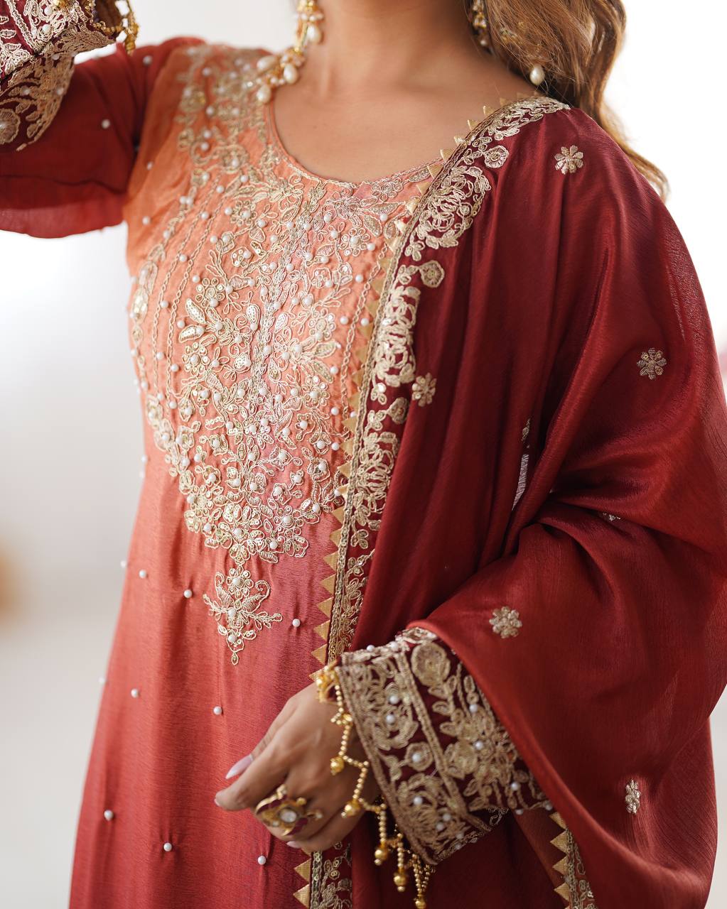 Women's Chinon Silk Embroidered Palazzo Set with Dupatta