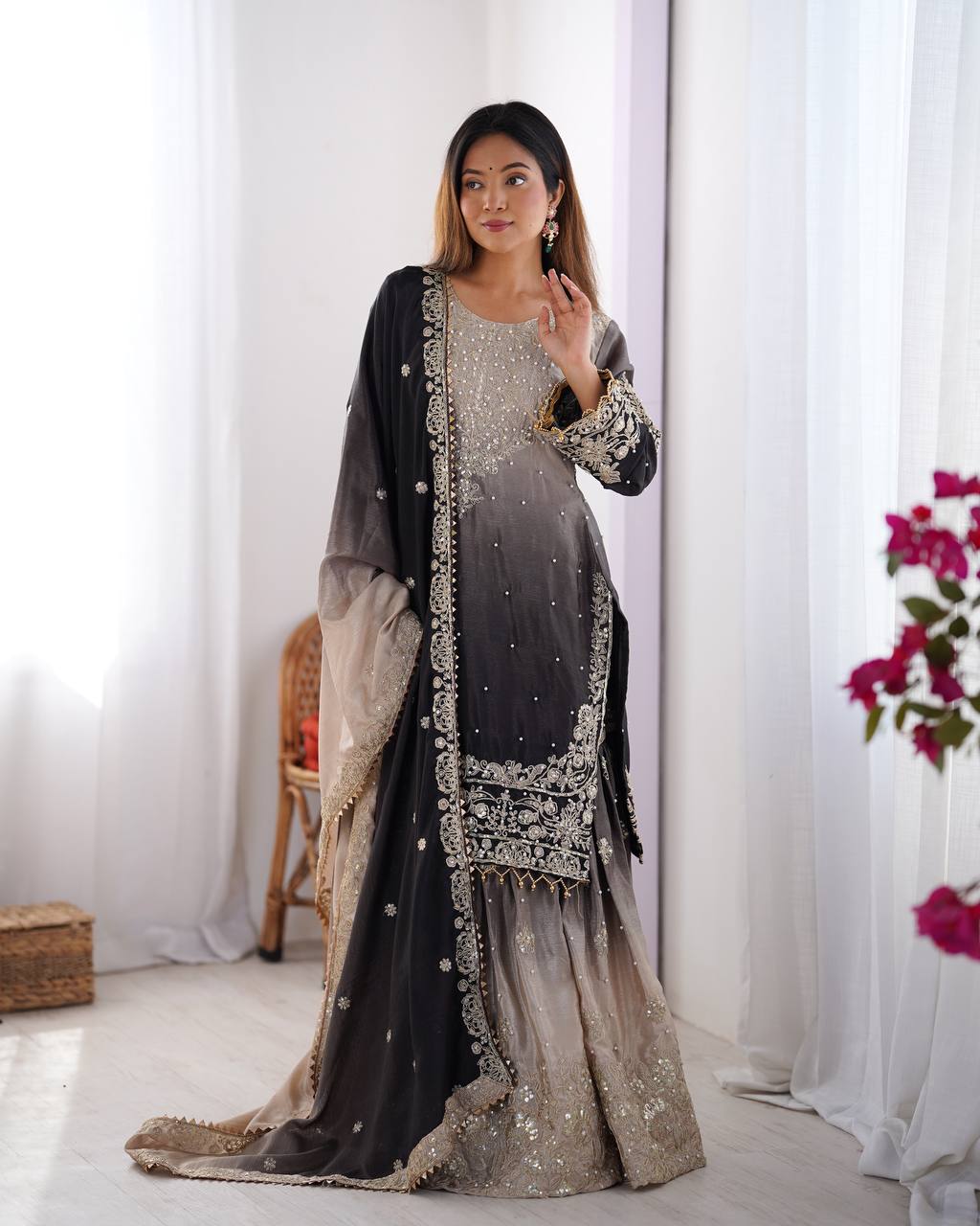Women's Chinon Silk Embroidered Palazzo Set with Dupatta