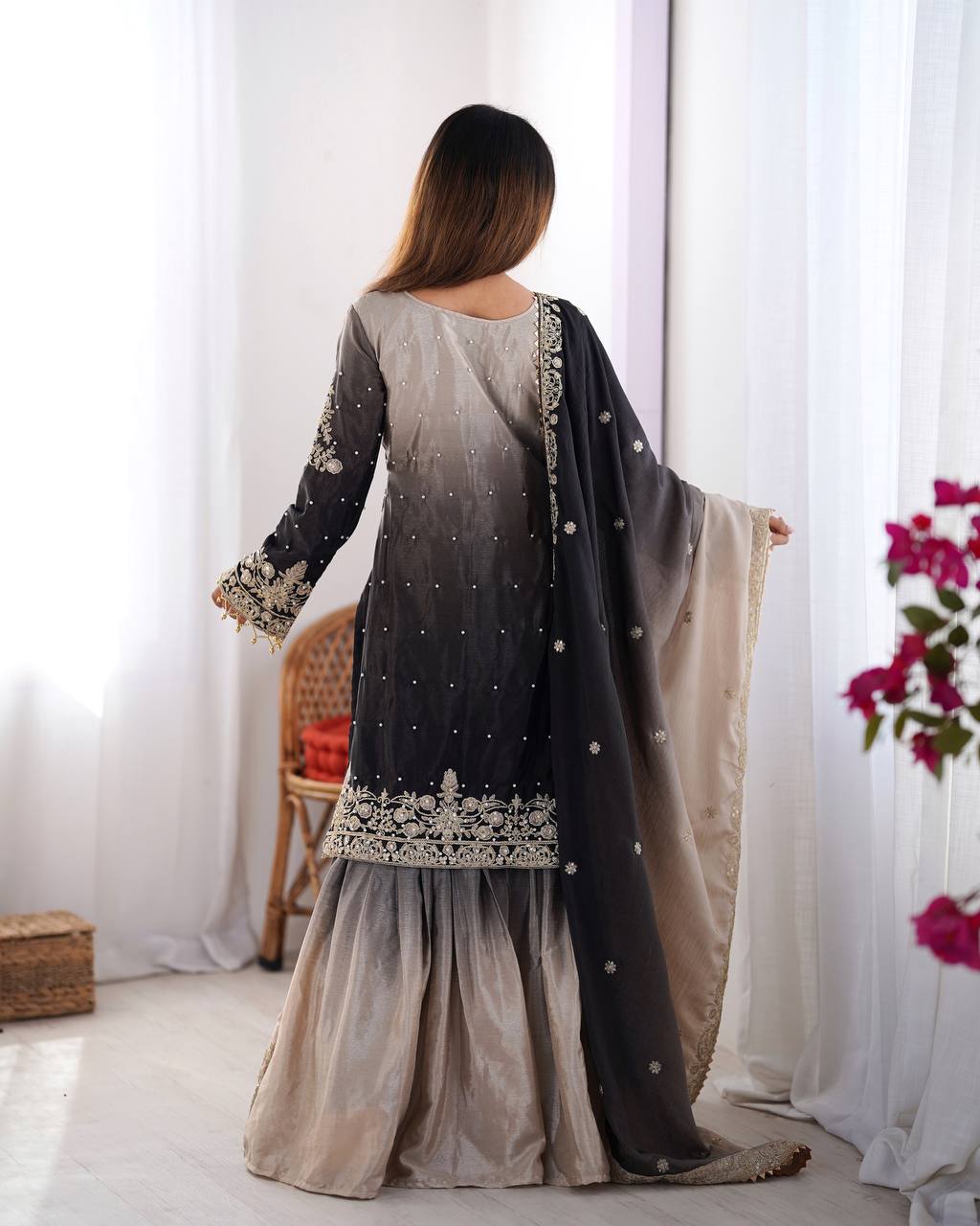 Women's Chinon Silk Embroidered Palazzo Set with Dupatta