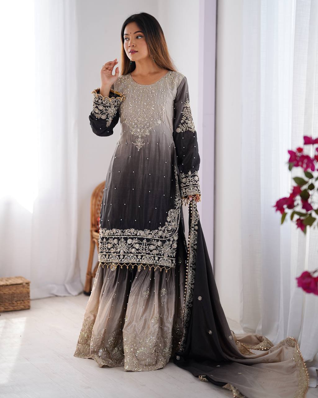 Women's Chinon Silk Embroidered Palazzo Set with Dupatta