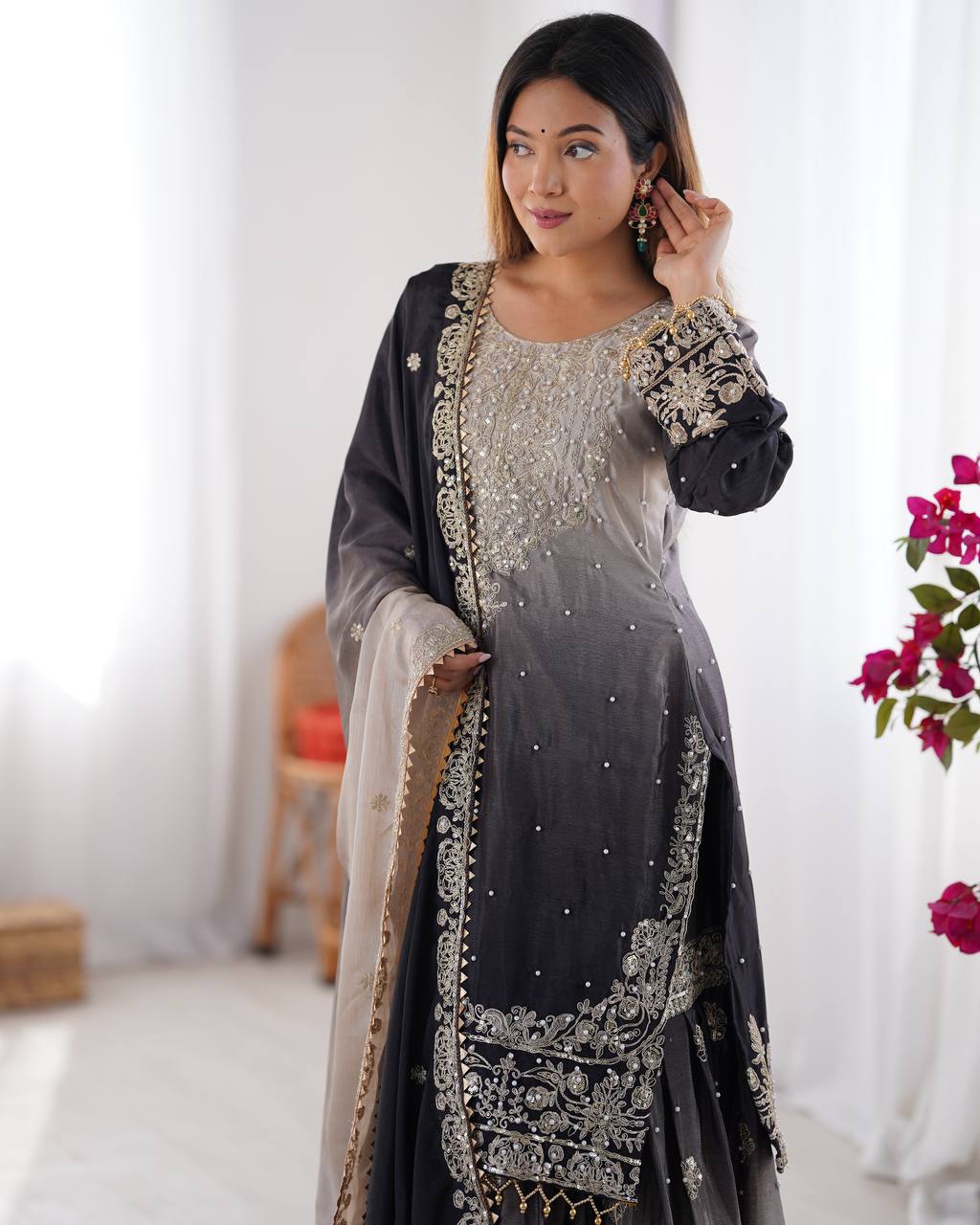 Women's Chinon Silk Embroidered Palazzo Set with Dupatta