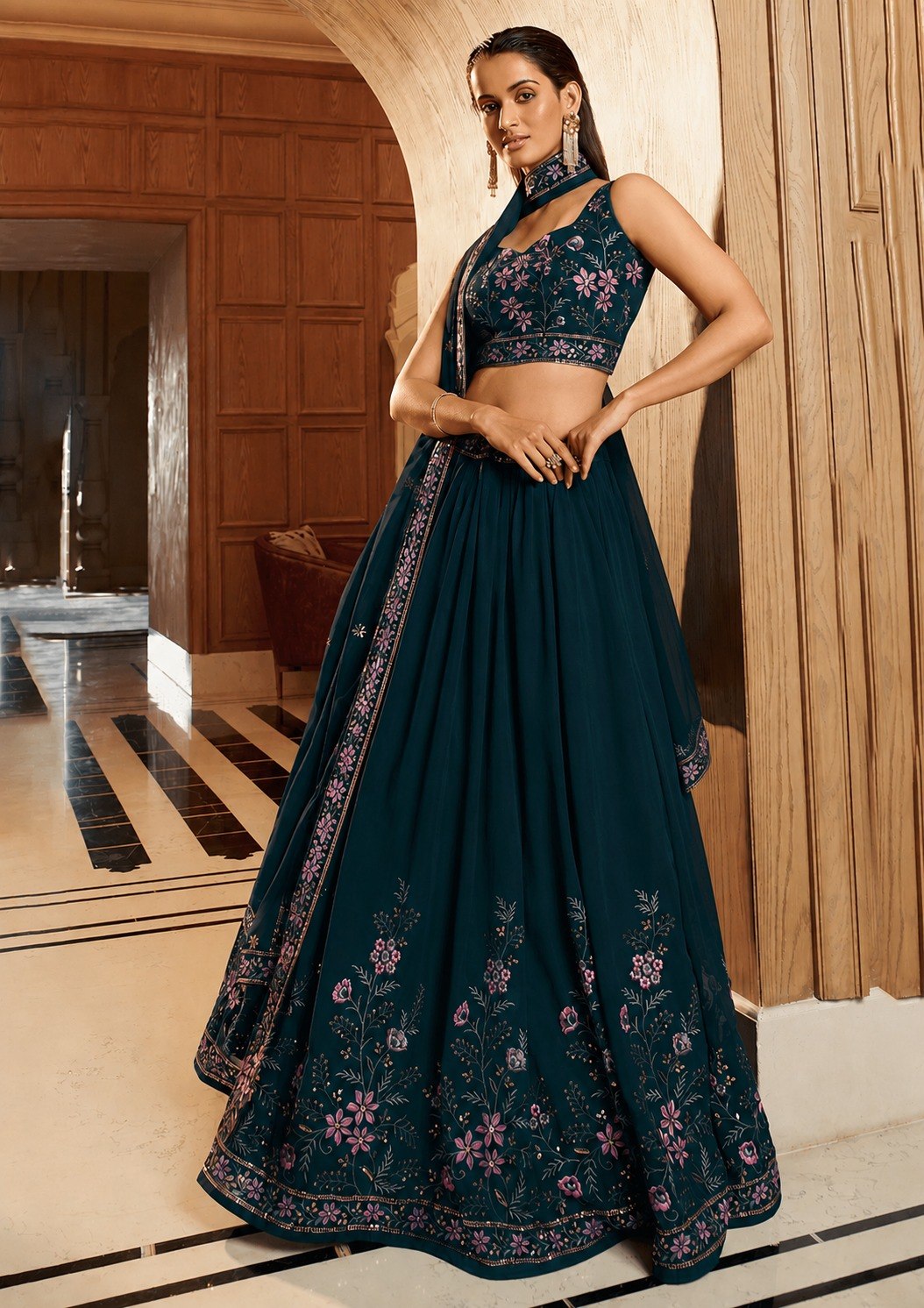 Women's Georgette Multi Sequence Embroidered Semi-Stitched Lehenga Choli with Dupatta