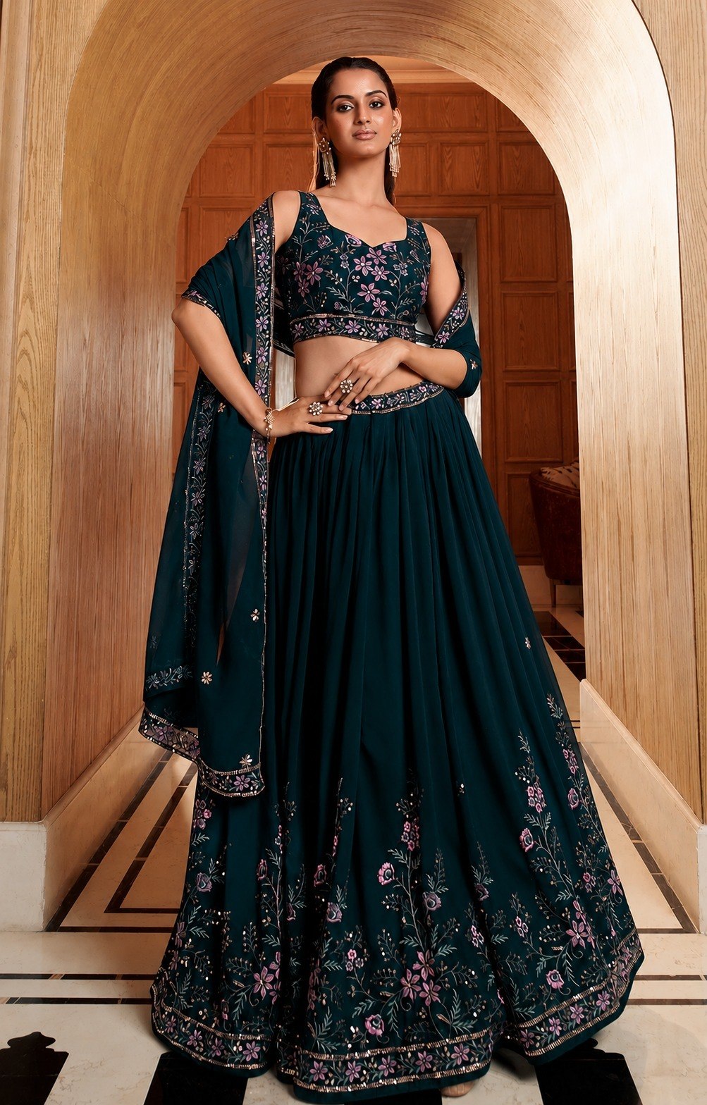 Women's Georgette Multi Sequence Embroidered Semi-Stitched Lehenga Choli with Dupatta