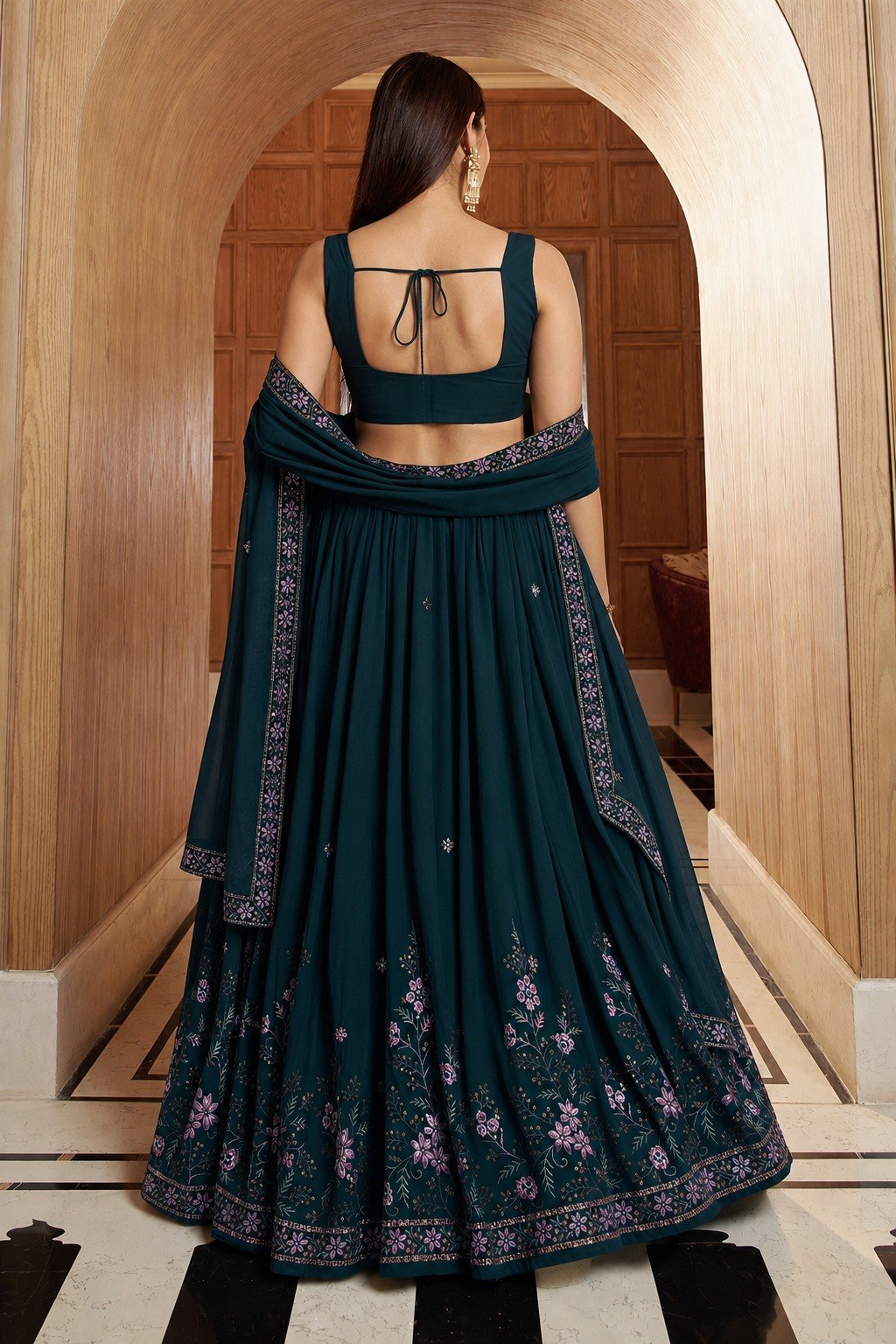 Women's Georgette Multi Sequence Embroidered Semi-Stitched Lehenga Choli with Dupatta