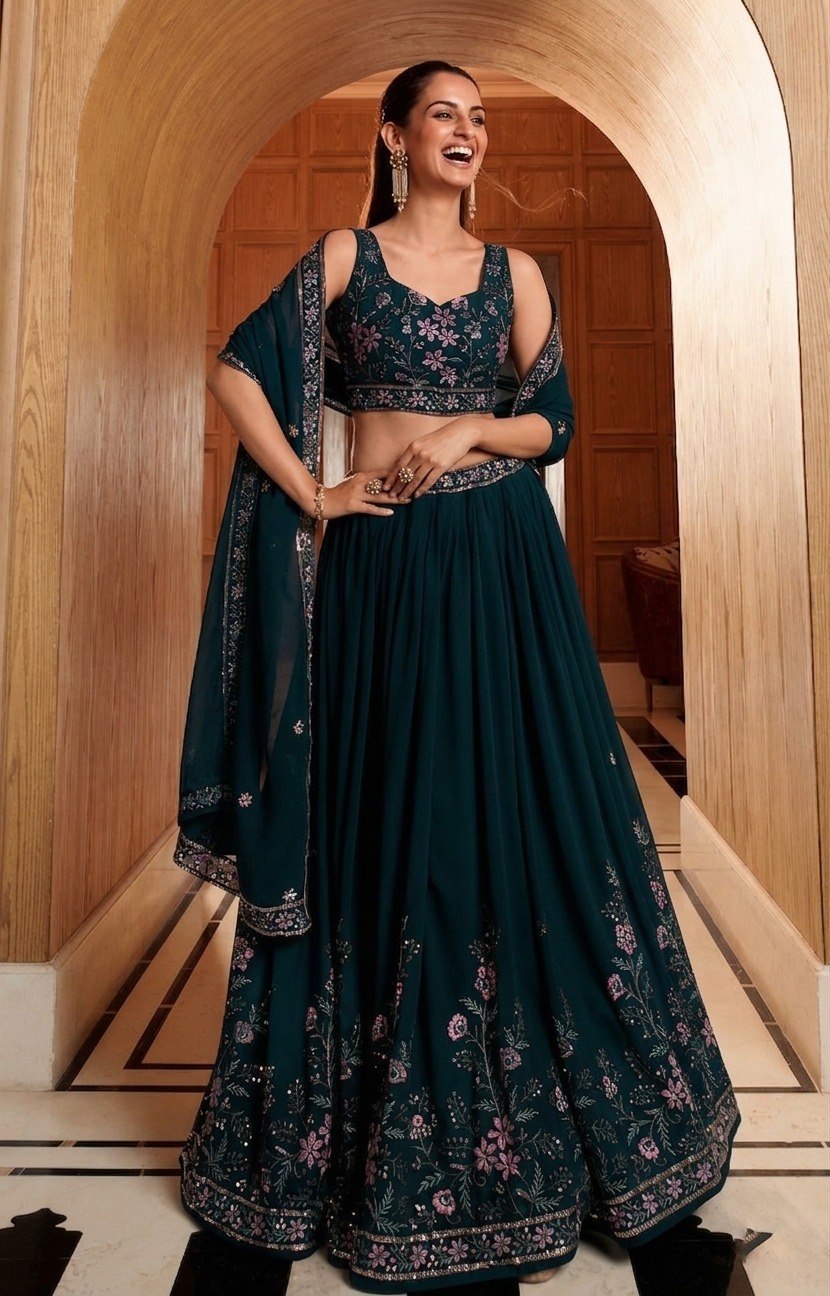 Women's Georgette Multi Sequence Embroidered Semi-Stitched Lehenga Choli with Dupatta