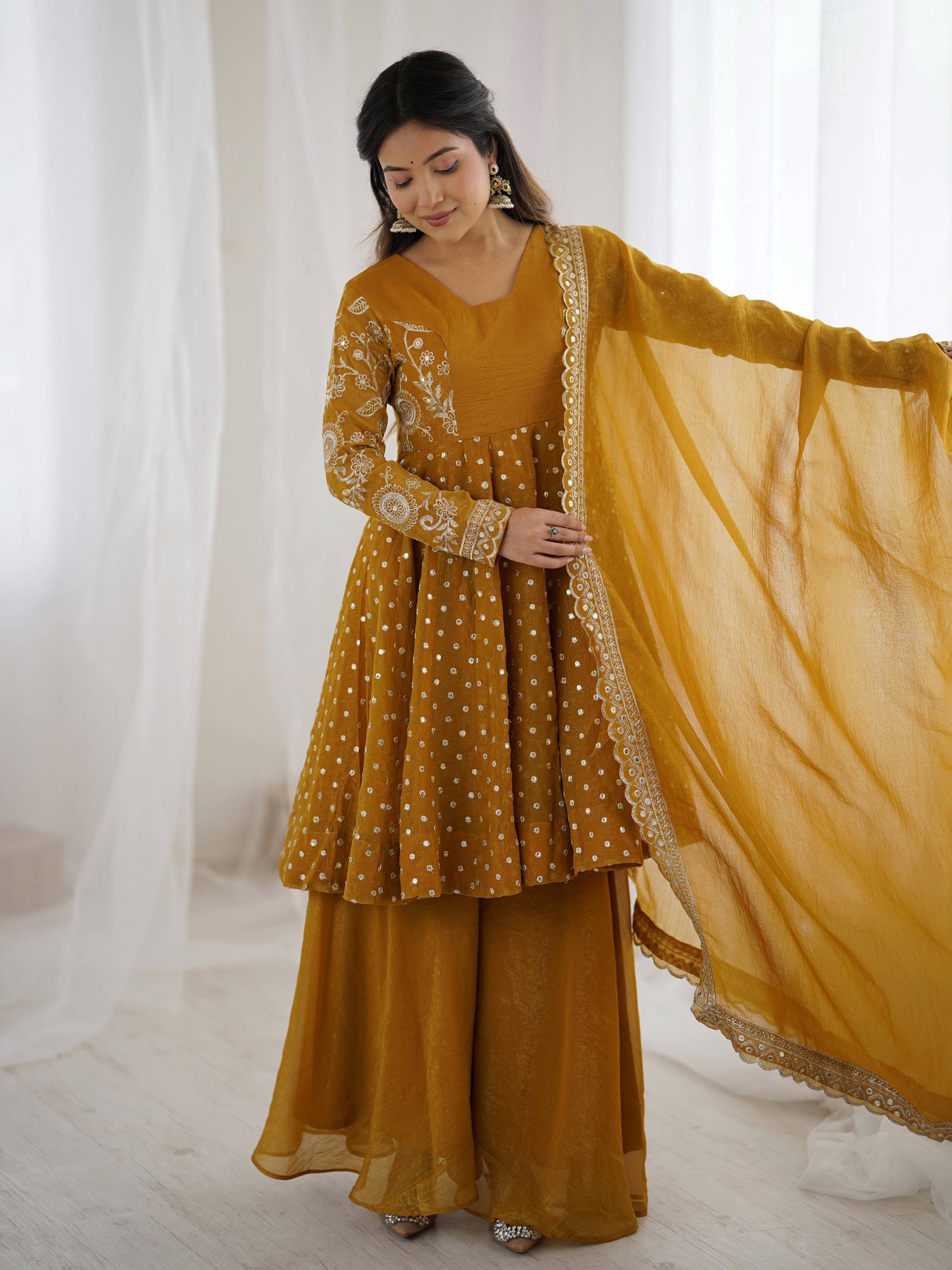Women's Crunchy Silk Embroidered Sharara Palazzo Suit Set with Dupatta