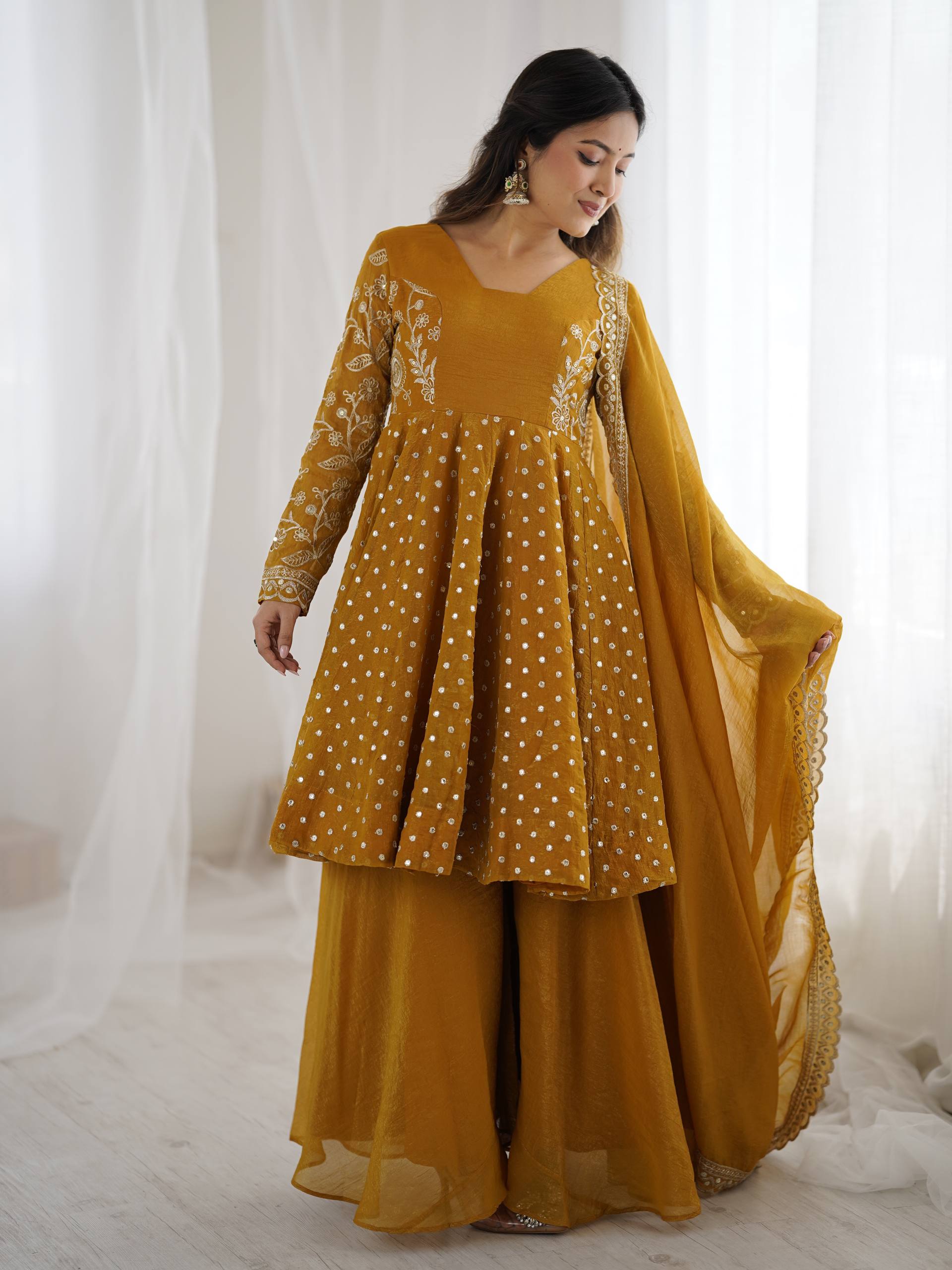 Women's Crunchy Silk Embroidered Sharara Palazzo Suit Set with Dupatta