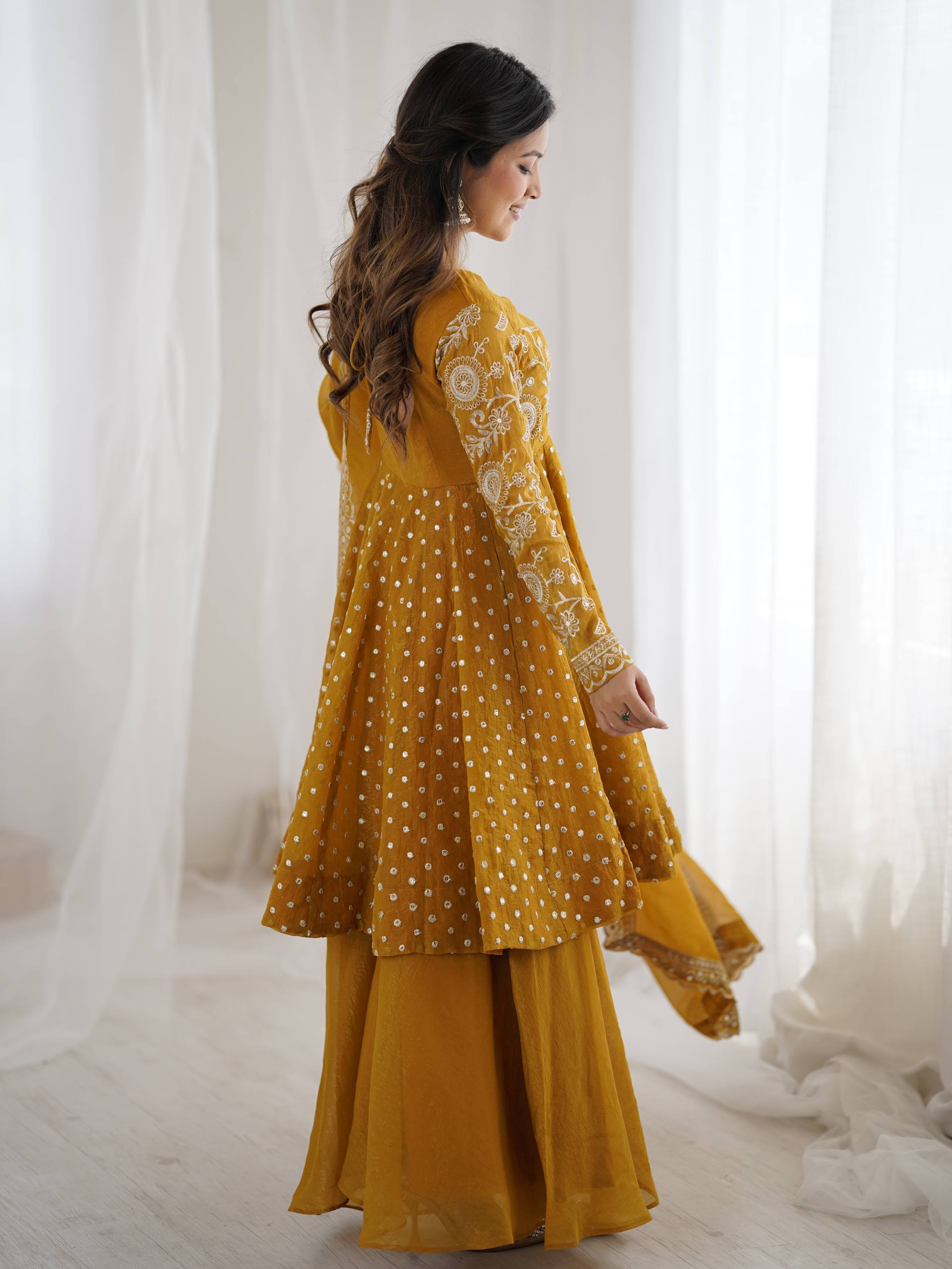 Women's Crunchy Silk Embroidered Sharara Palazzo Suit Set with Dupatta