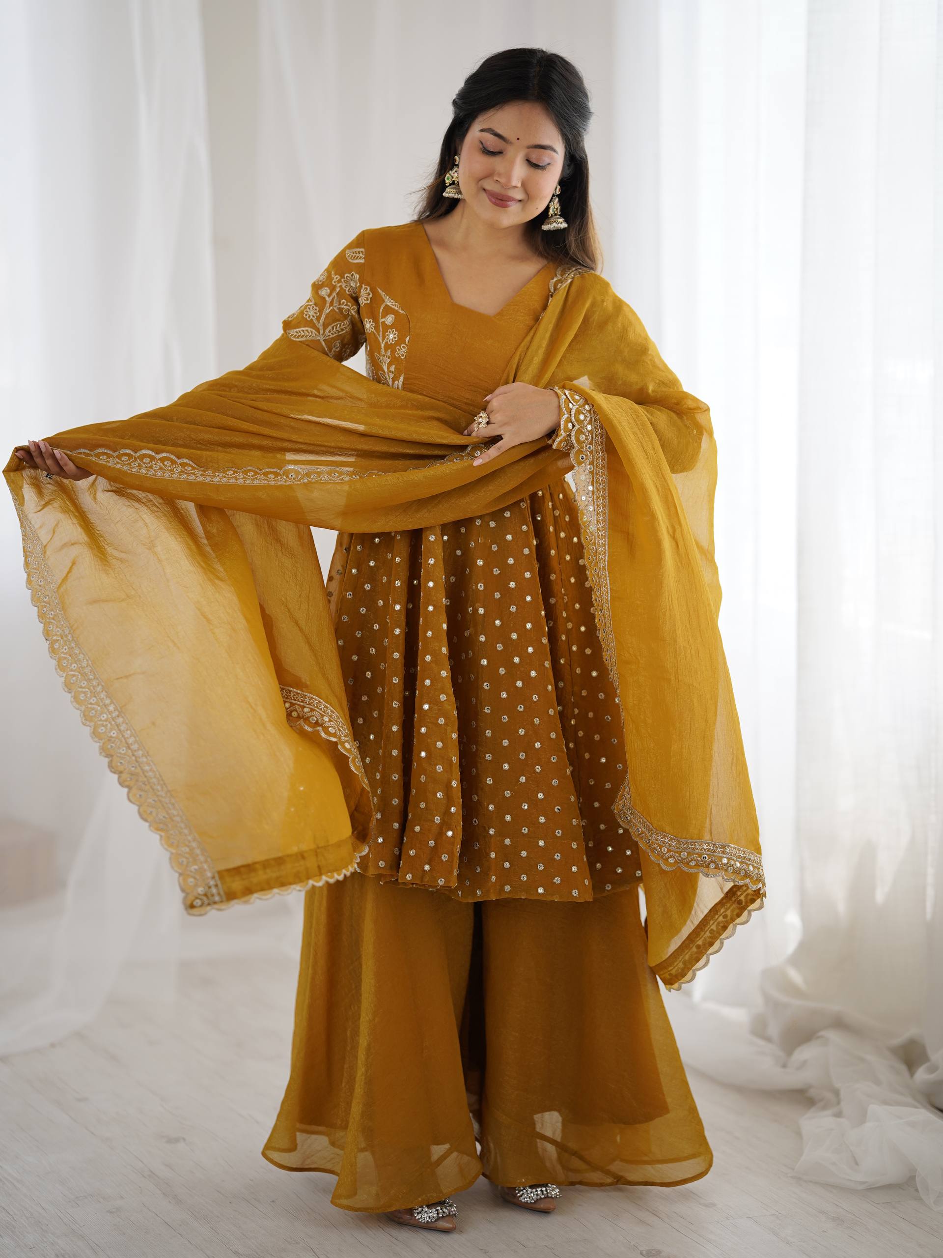Women's Crunchy Silk Embroidered Sharara Palazzo Suit Set with Dupatta