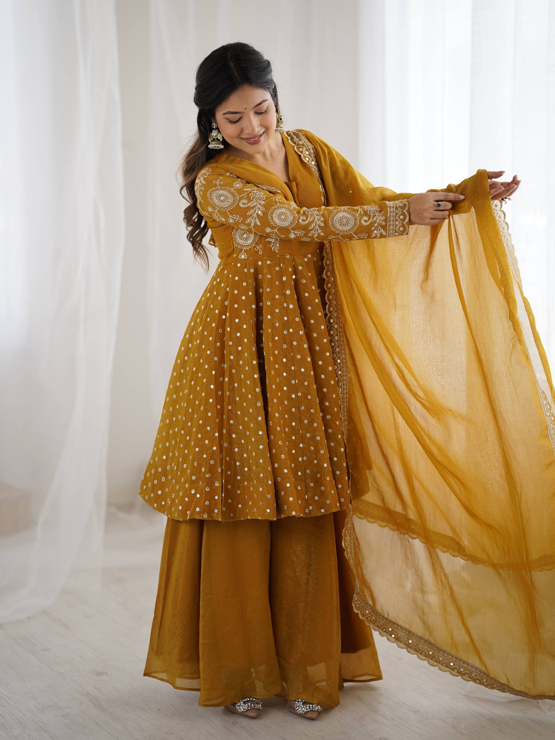 Women's Crunchy Silk Embroidered Sharara Palazzo Suit Set with Dupatta