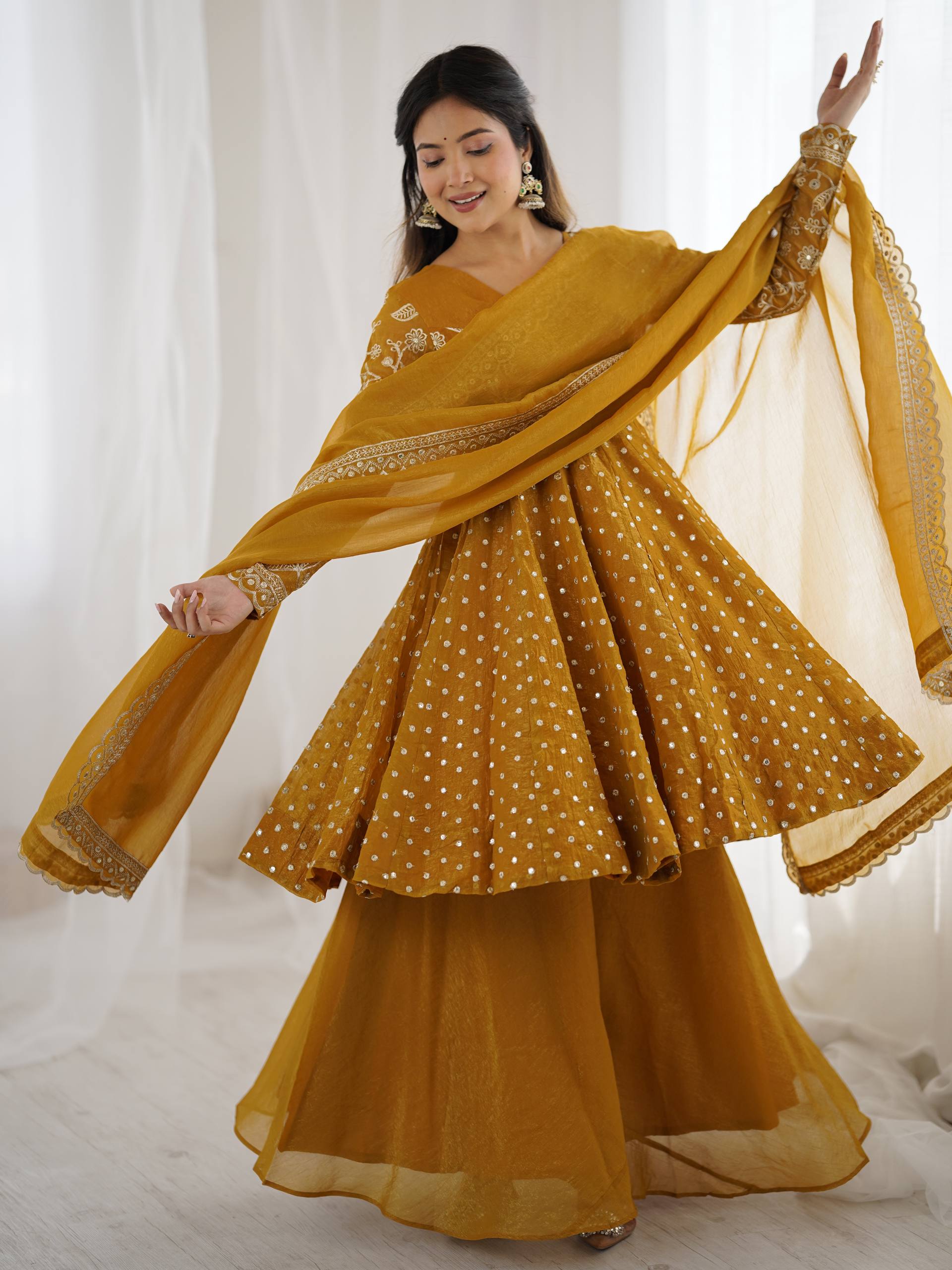 Women's Crunchy Silk Embroidered Sharara Palazzo Suit Set with Dupatta