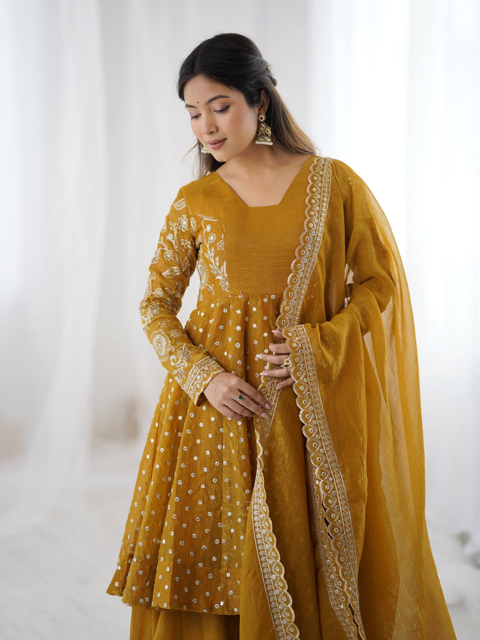 Women's Crunchy Silk Embroidered Sharara Palazzo Suit Set with Dupatta