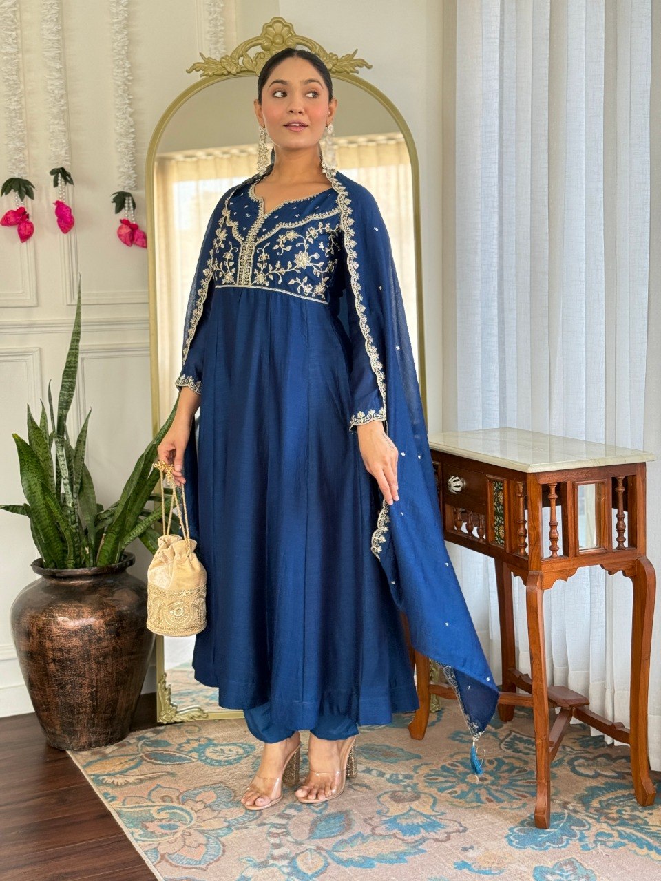 Women's Embroidered Vichitra Silk Kurta Pant Set with Dupatta | Party Wear Ethnic Wear Suit