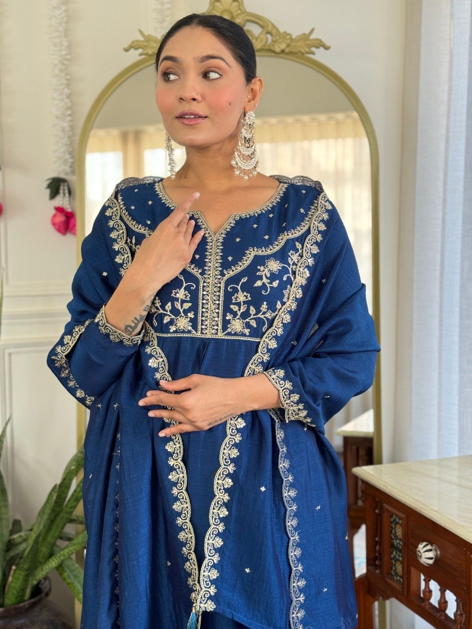 Women's Embroidered Vichitra Silk Kurta Pant Set with Dupatta | Party Wear Ethnic Wear Suit
