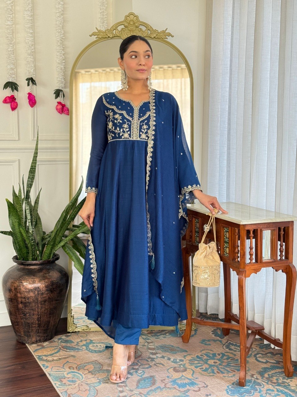 Women's Embroidered Vichitra Silk Kurta Pant Set with Dupatta | Party Wear Ethnic Wear Suit