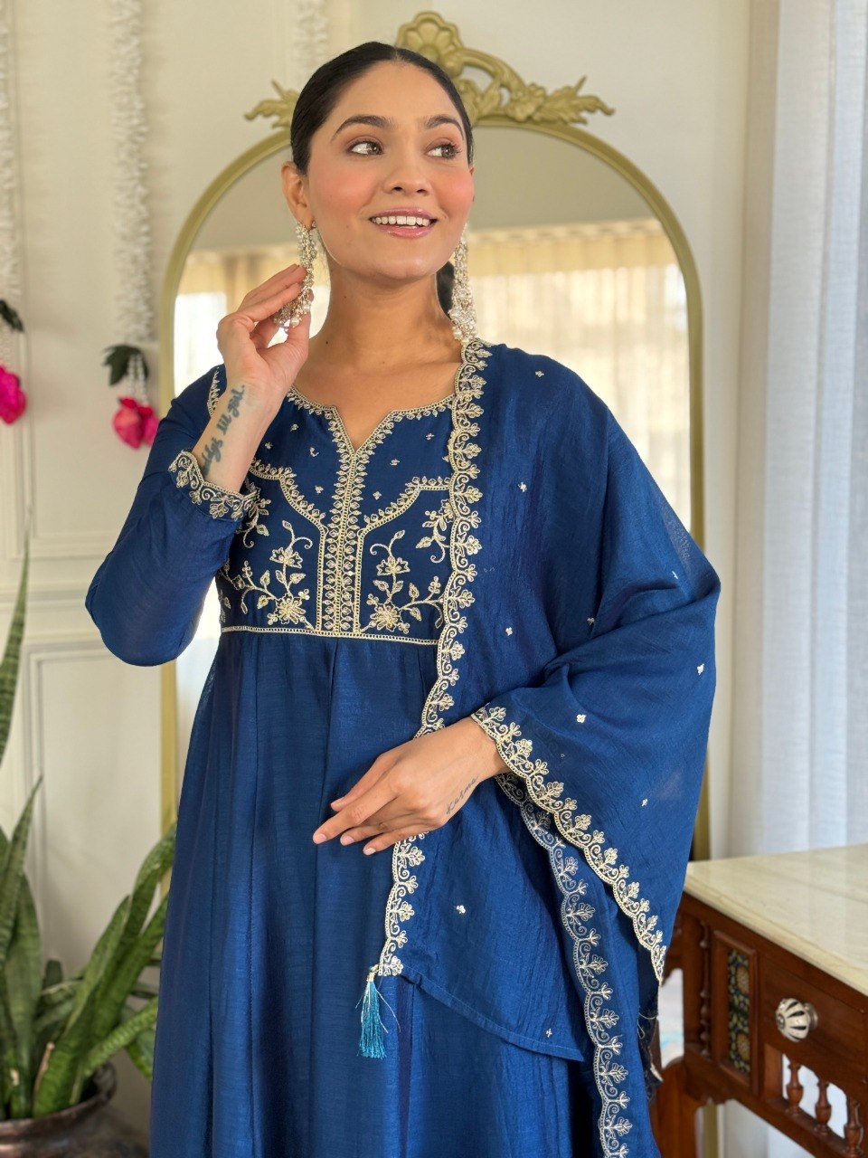 Women's Embroidered Vichitra Silk Kurta Pant Set with Dupatta | Party Wear Ethnic Wear Suit