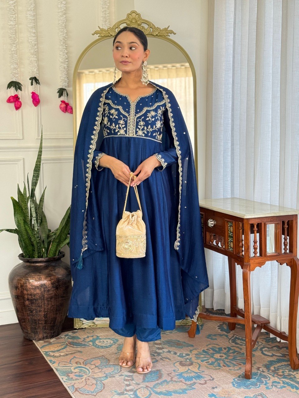 Women's Embroidered Vichitra Silk Kurta Pant Set with Dupatta | Party Wear Ethnic Wear Suit