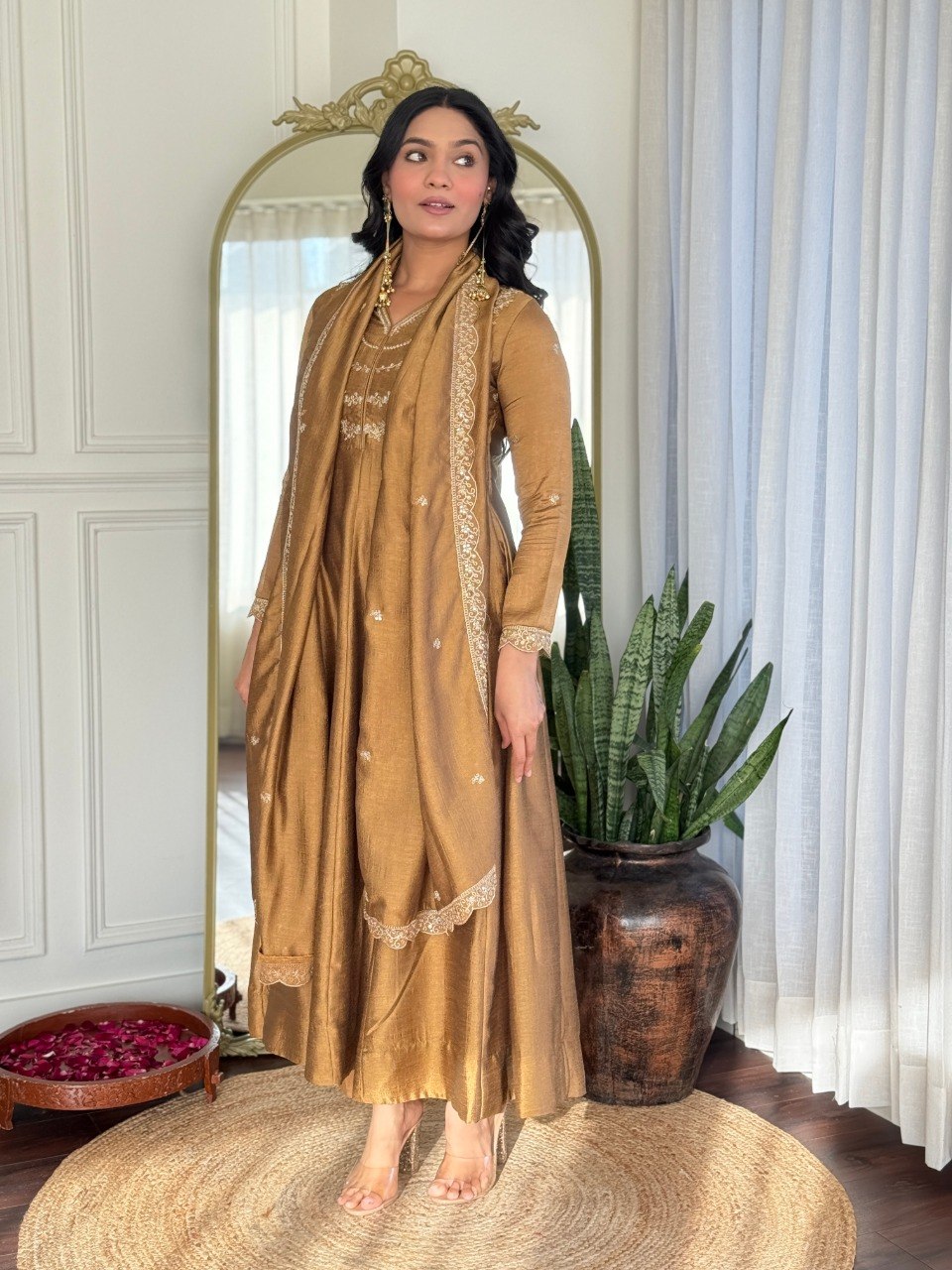 Women's Vichitra Silk Embroidered Kurta Pant Set with Dupatta – Fully Stitched Party Wear Ethnic Suit