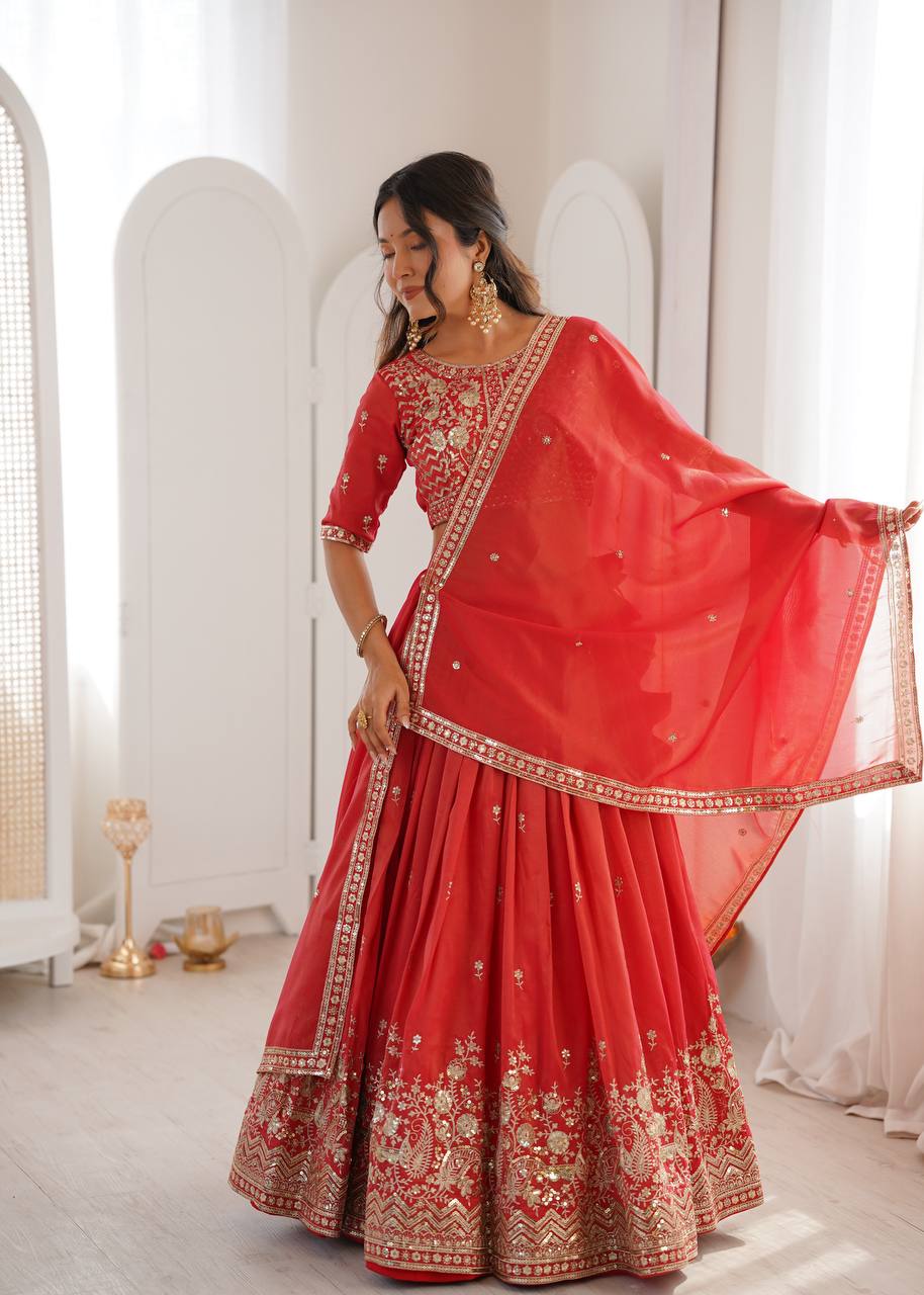 Women's Shimmer Silk Embroidered Lehenga Choli Set with Dupatta