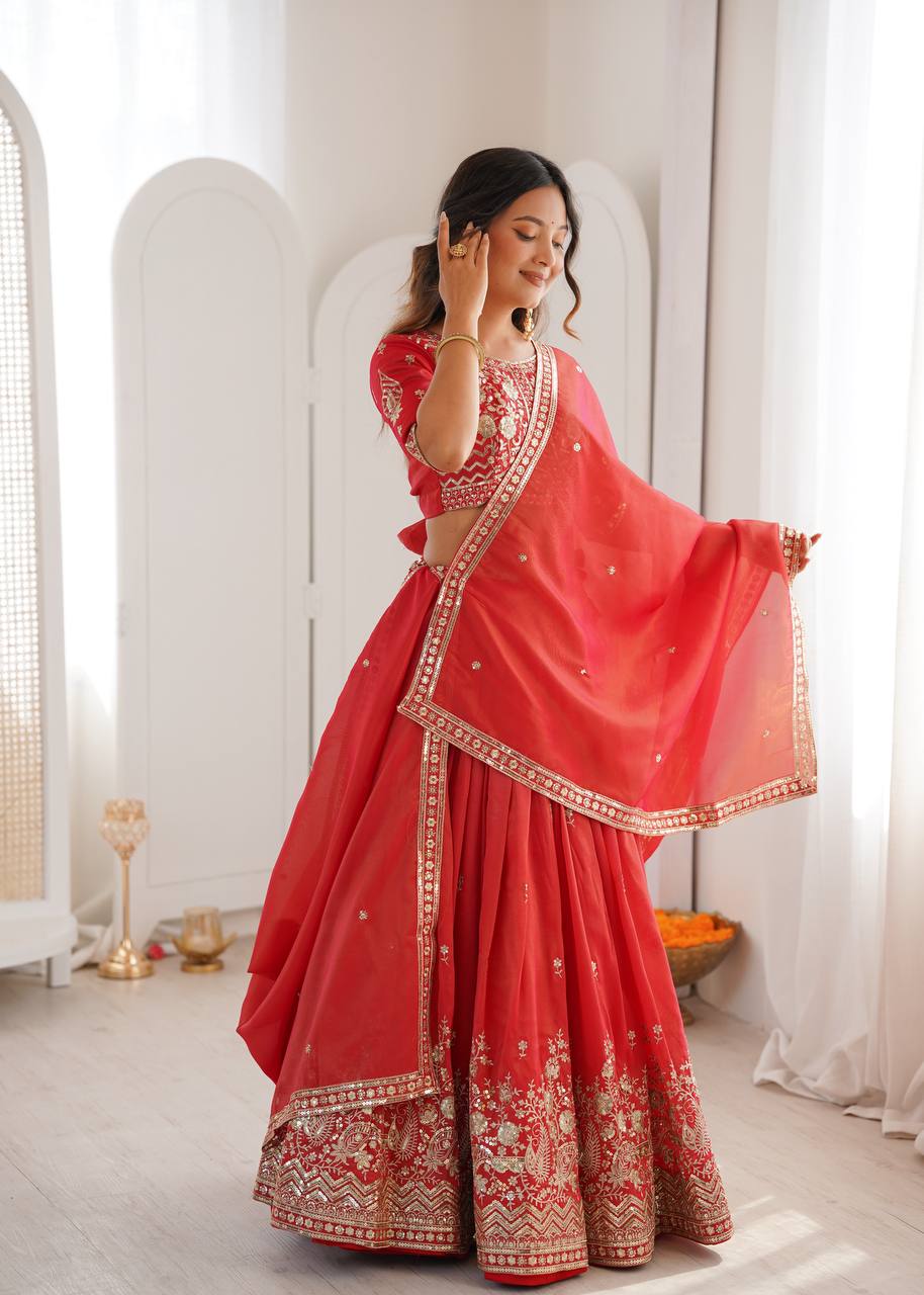Women's Shimmer Silk Embroidered Lehenga Choli Set with Dupatta