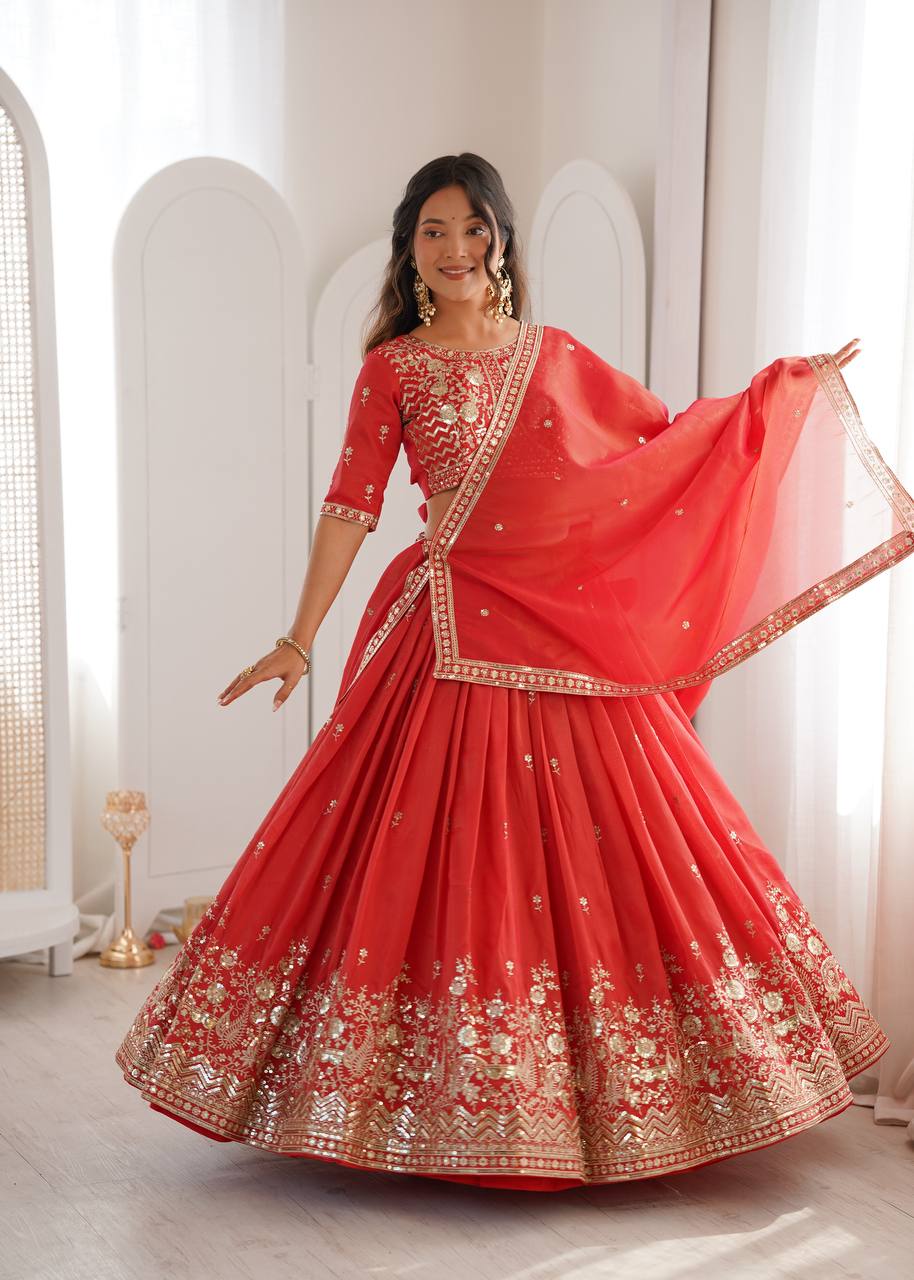 Women's Shimmer Silk Embroidered Lehenga Choli Set with Dupatta