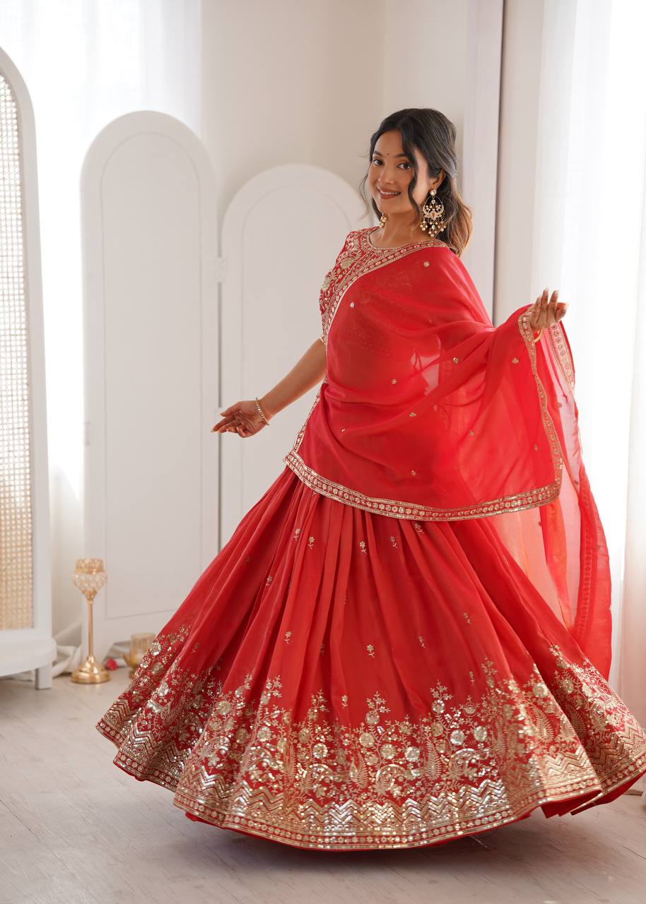 Women's Shimmer Silk Embroidered Lehenga Choli Set with Dupatta