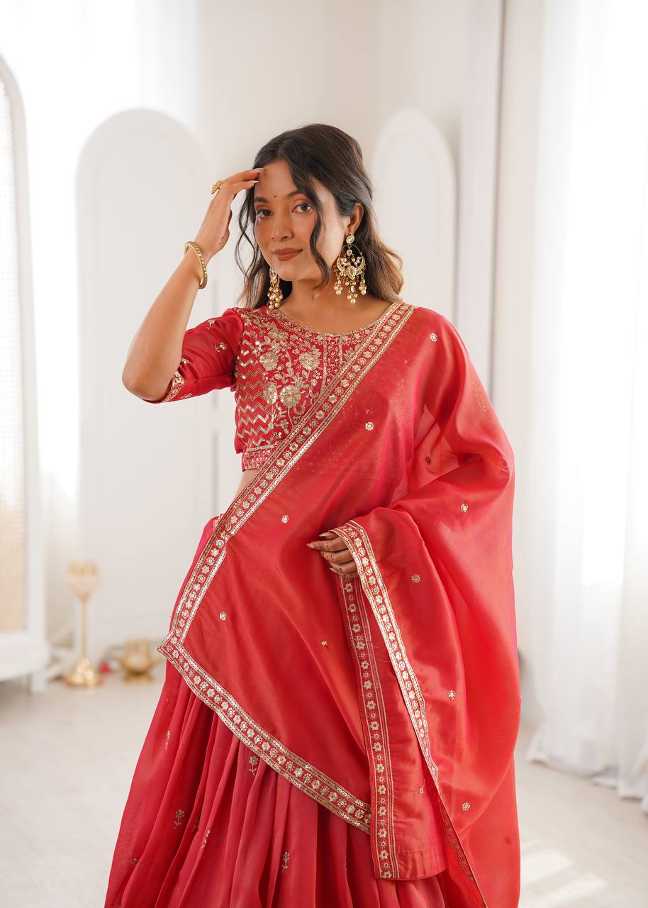 Women's Shimmer Silk Embroidered Lehenga Choli Set with Dupatta