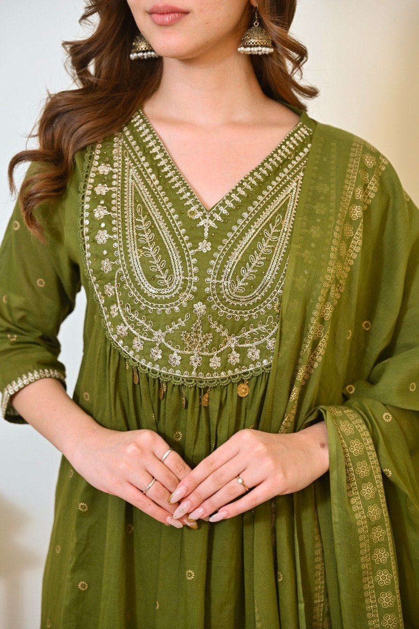 Women's Mul Chanderi Embroidered Kurta Pant Set with Printed Dupatta Party Wear Ethnic Suit