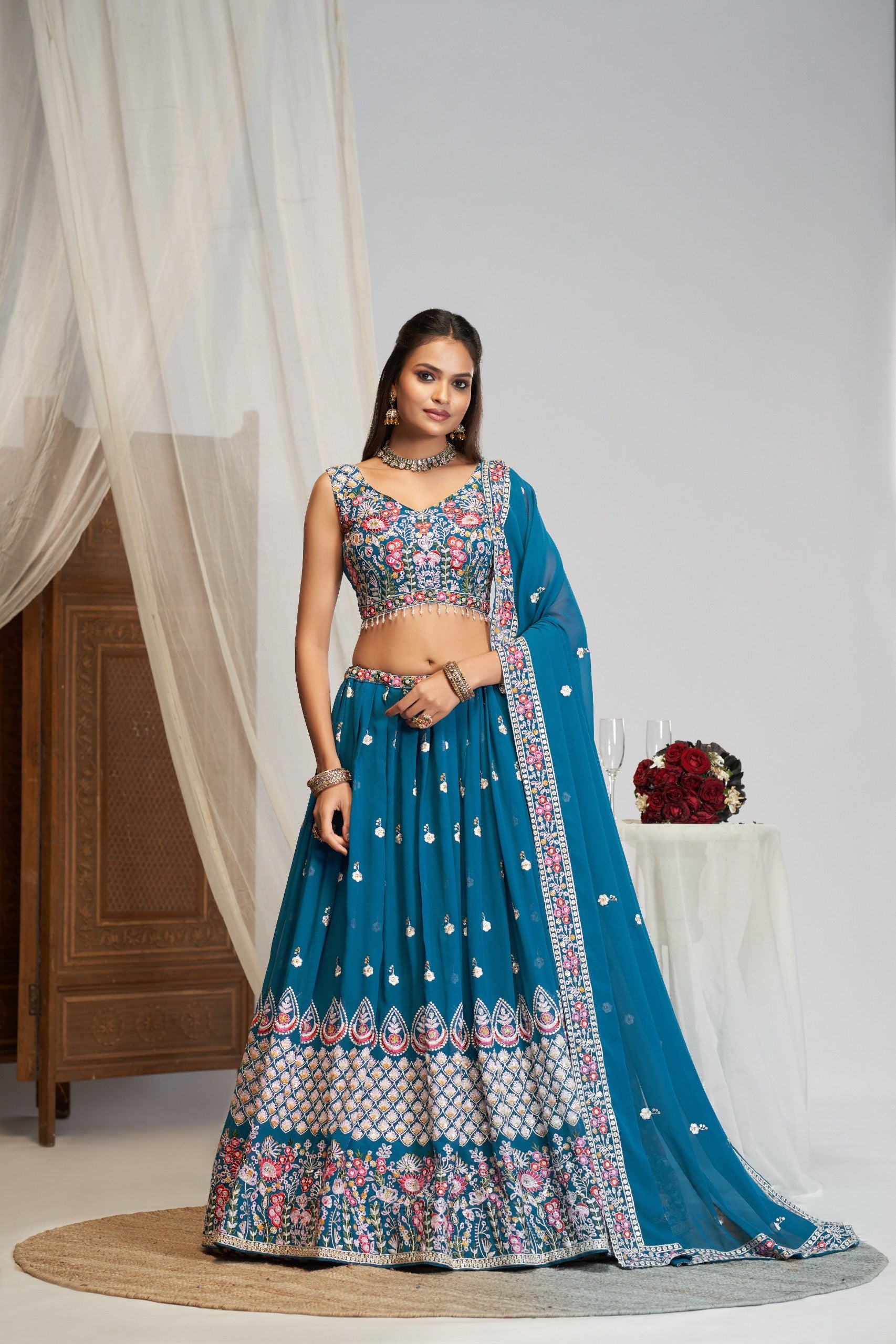Women's Faux Georgette Embroidered Semi-Stitched Lehenga Choli with Georgette Dupatta