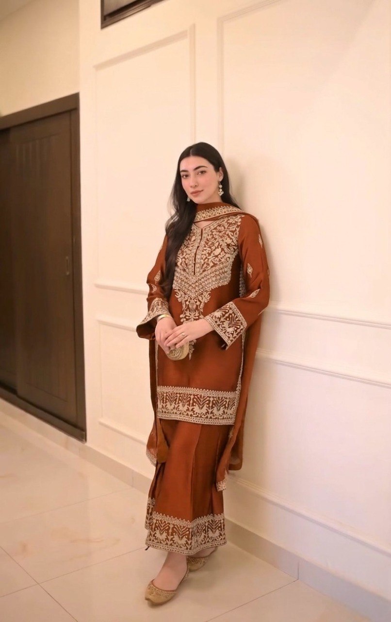 Women's Embroidered Vichitra Silk Kurta Palazzo Set with Dupatta