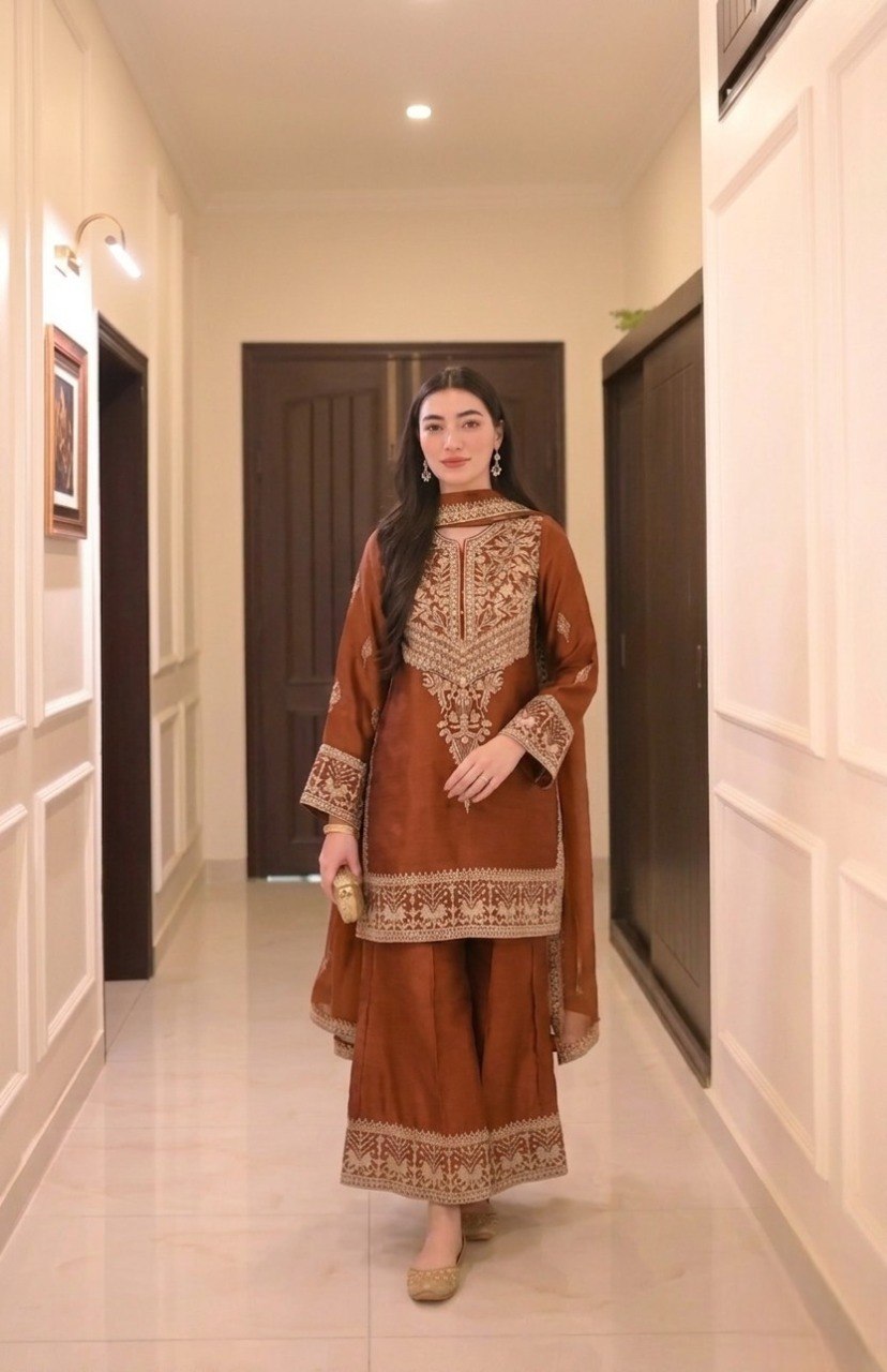 Women's Embroidered Vichitra Silk Kurta Palazzo Set with Dupatta