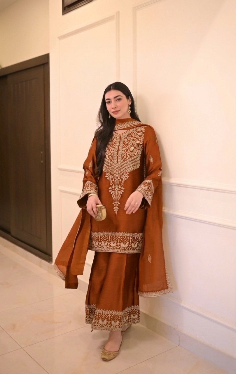 Women's Embroidered Vichitra Silk Kurta Palazzo Set with Dupatta