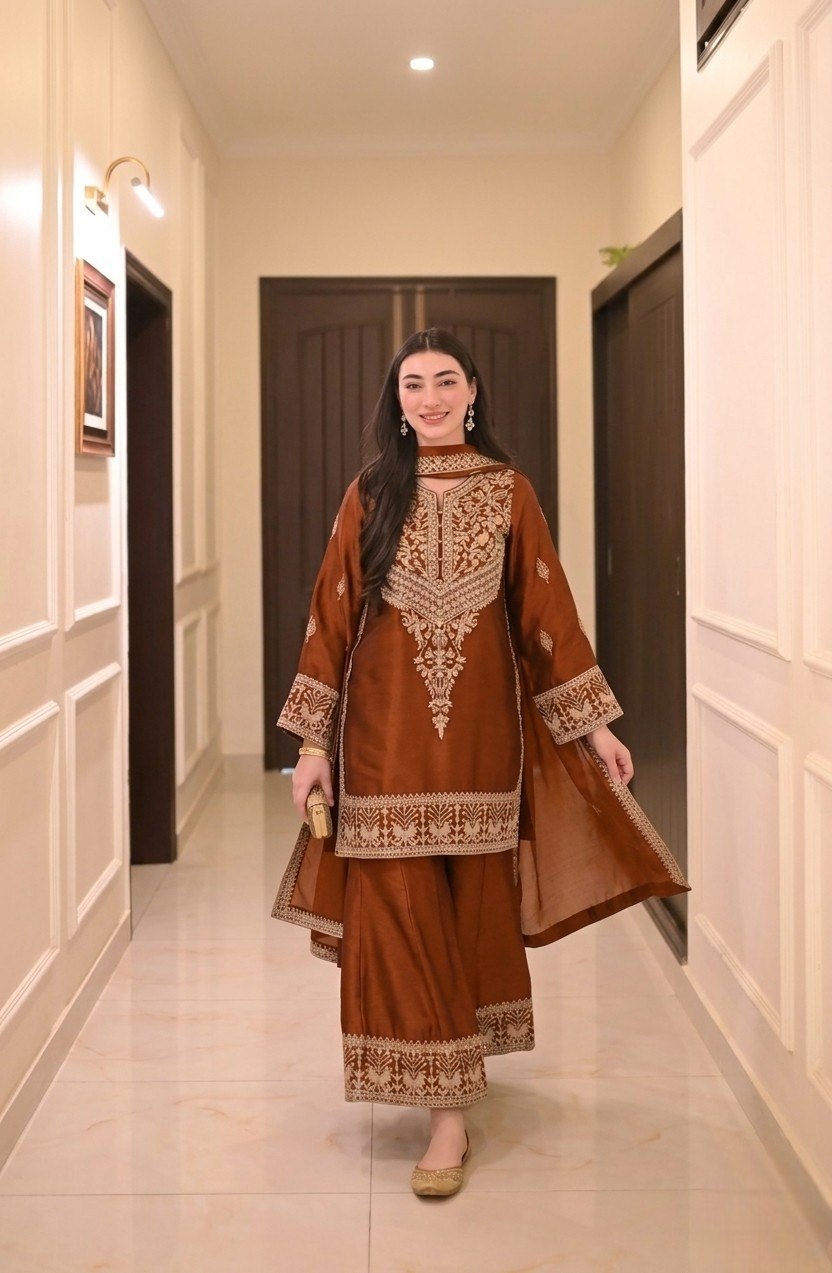 Women's Embroidered Vichitra Silk Kurta Palazzo Set with Dupatta