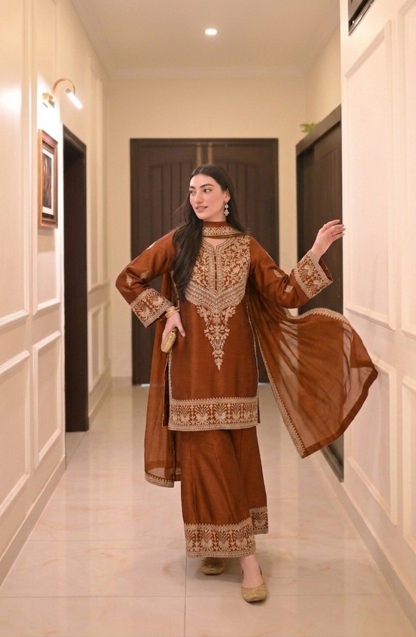 Women's Embroidered Vichitra Silk Kurta Palazzo Set with Dupatta