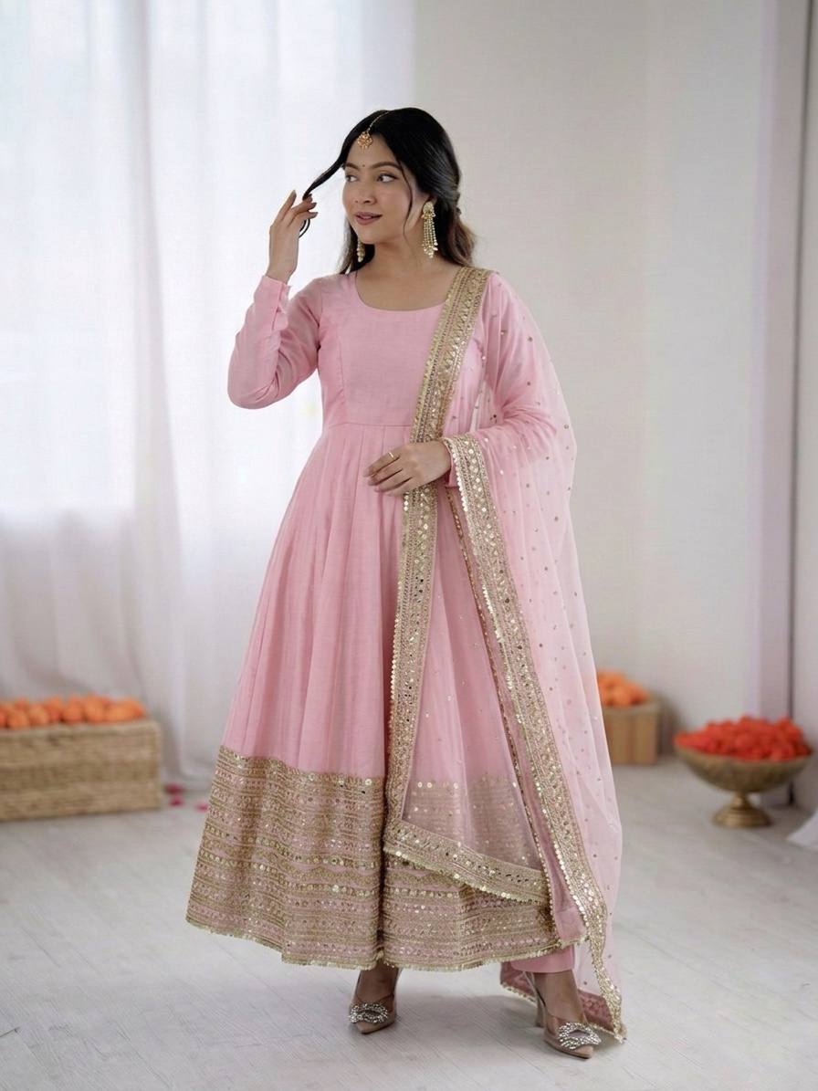Women's Roman Silk Embroidered Anarkali Gown Set with Fox Georgette Dupatta