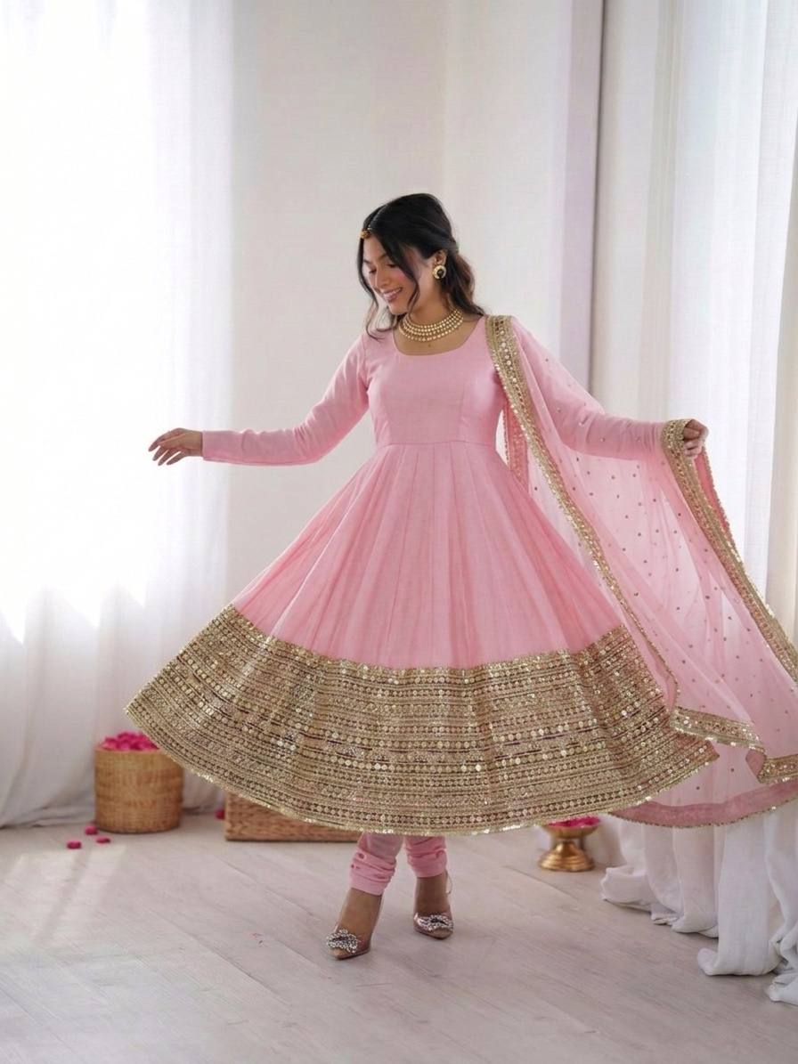 Women's Roman Silk Embroidered Anarkali Gown Set with Fox Georgette Dupatta