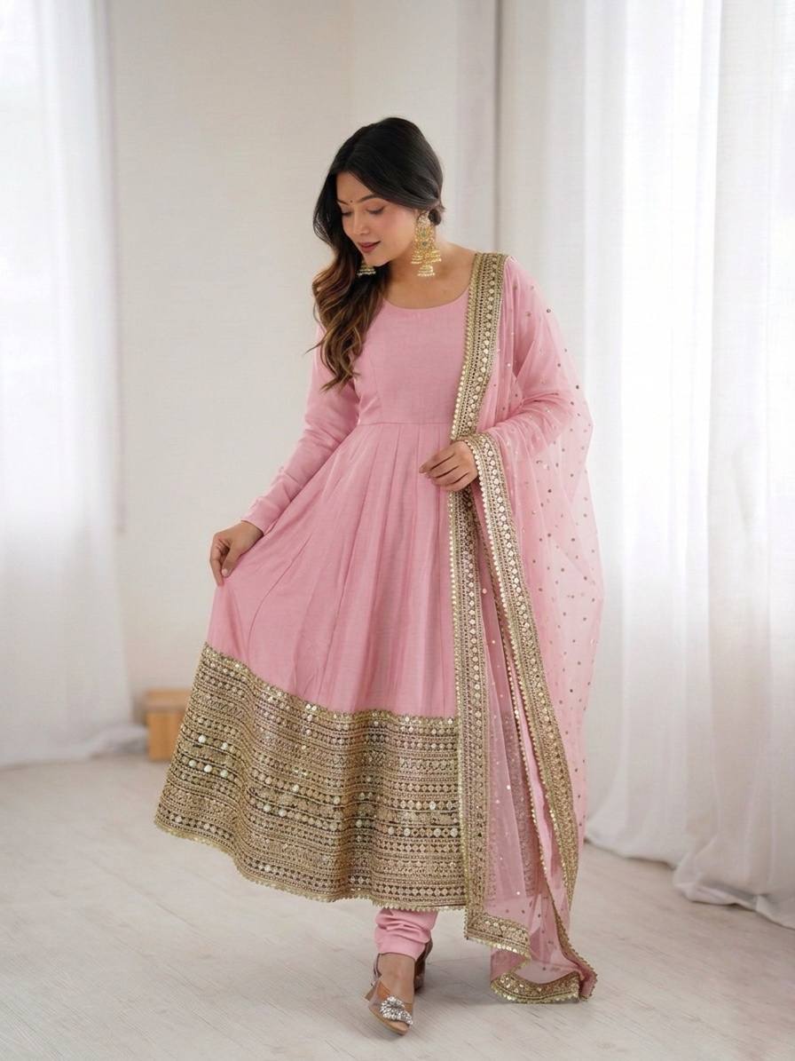 Women's Roman Silk Embroidered Anarkali Gown Set with Fox Georgette Dupatta
