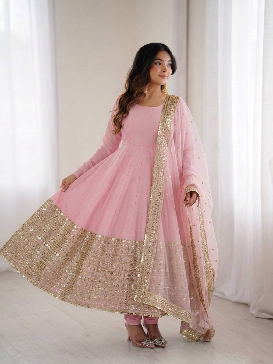 Women's Roman Silk Embroidered Anarkali Gown Set with Fox Georgette Dupatta