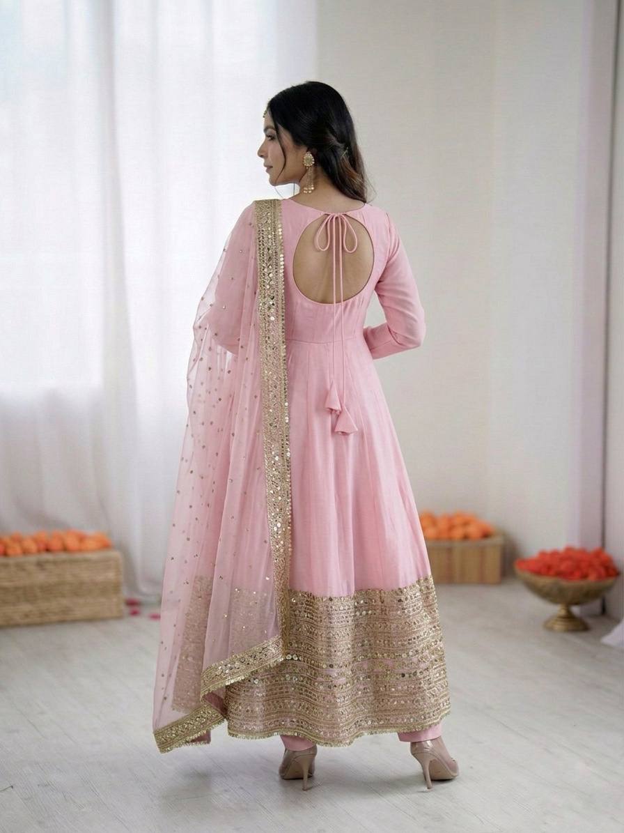 Women's Roman Silk Embroidered Anarkali Gown Set with Fox Georgette Dupatta