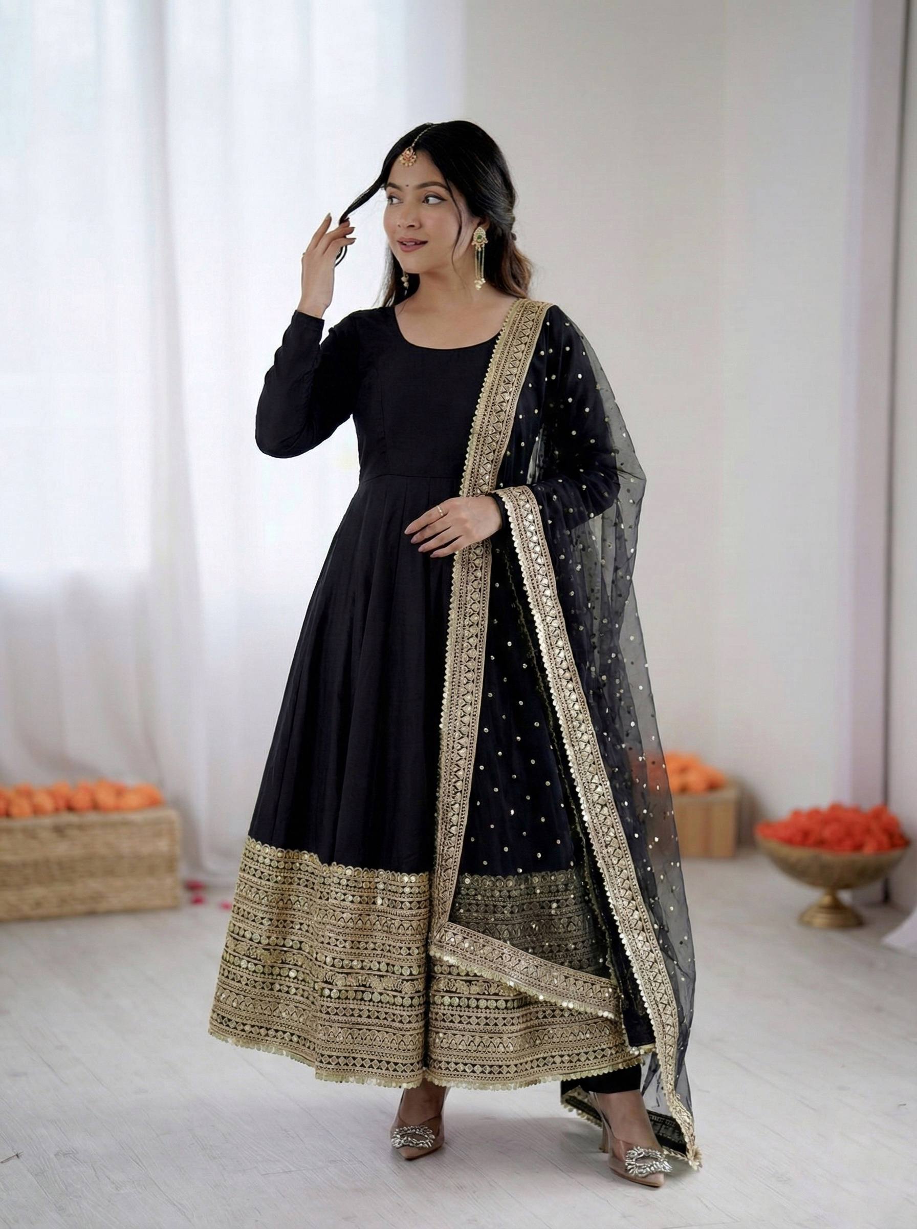 Women's Roman Silk Embroidered Anarkali Gown Set with Fox Georgette Dupatta