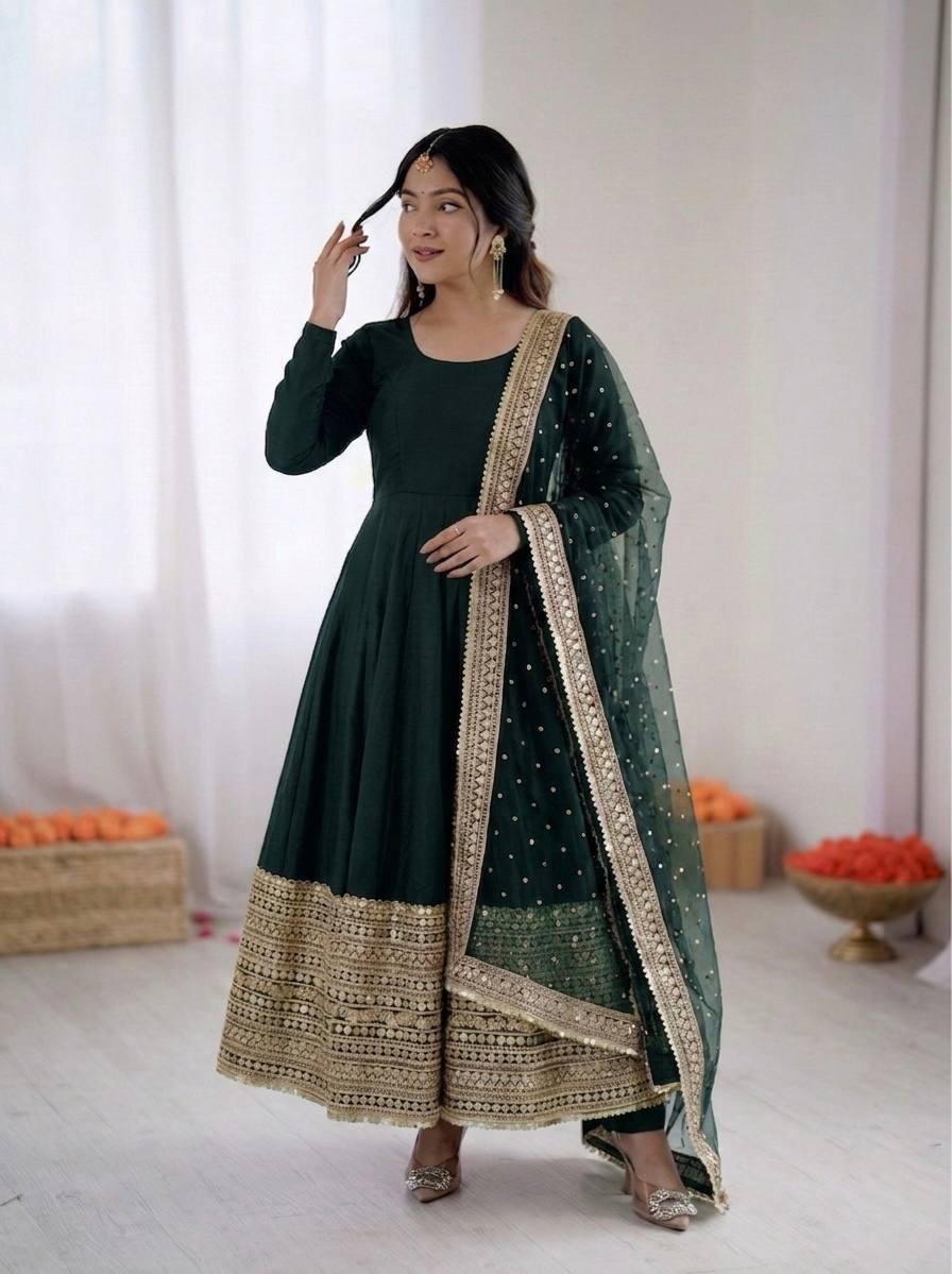 Women's Roman Silk Embroidered Anarkali Gown Set with Fox Georgette Dupatta