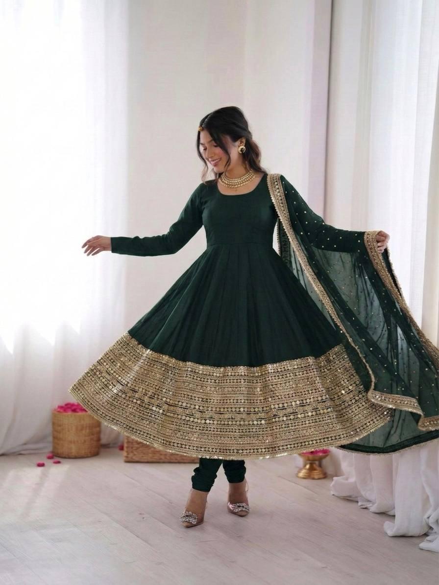 Women's Roman Silk Embroidered Anarkali Gown Set with Fox Georgette Dupatta