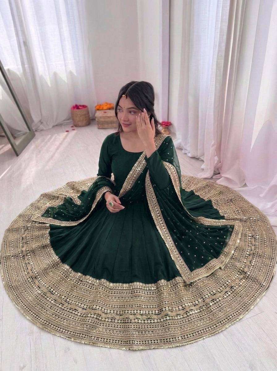 Women's Roman Silk Embroidered Anarkali Gown Set with Fox Georgette Dupatta